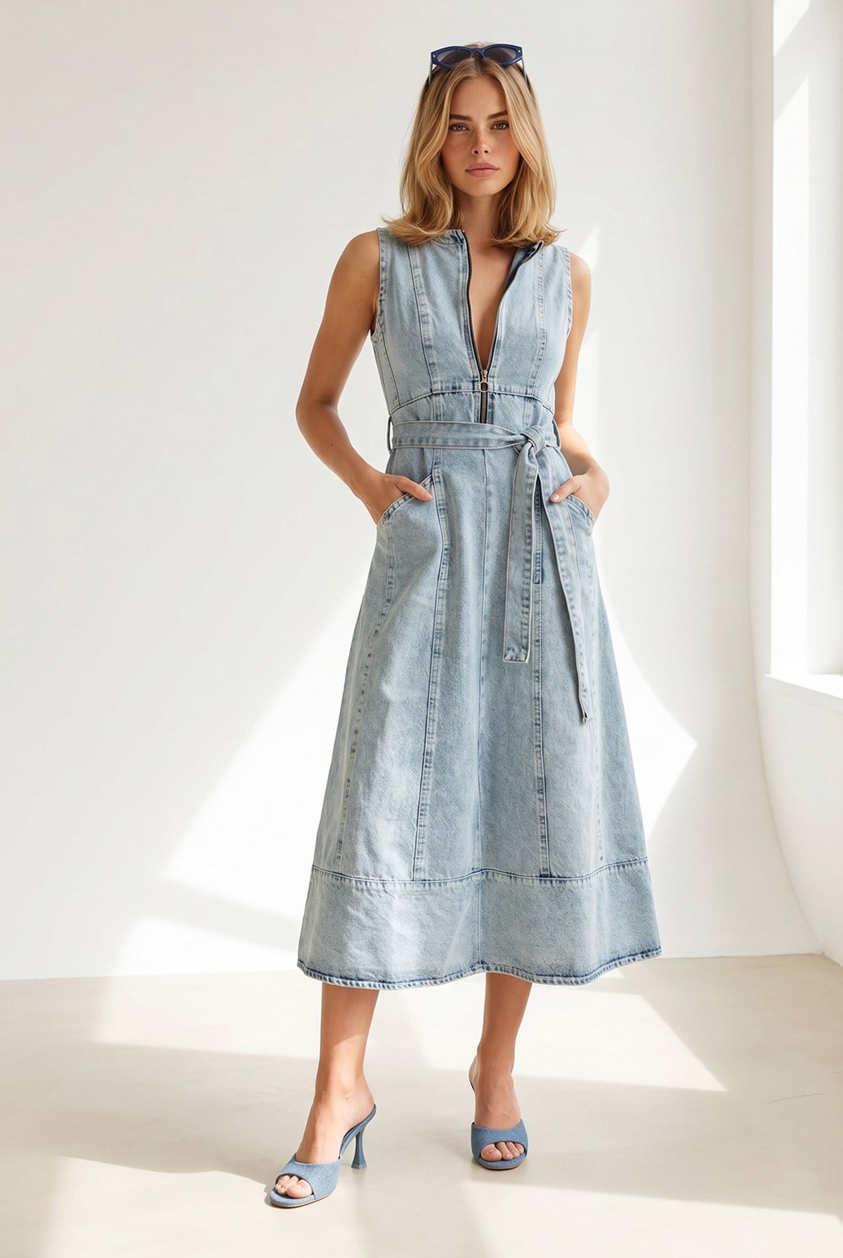 Yarıya Kadar Fermuarlı Yırtmaçlı Uzun Denim Elbise Açık Mavi