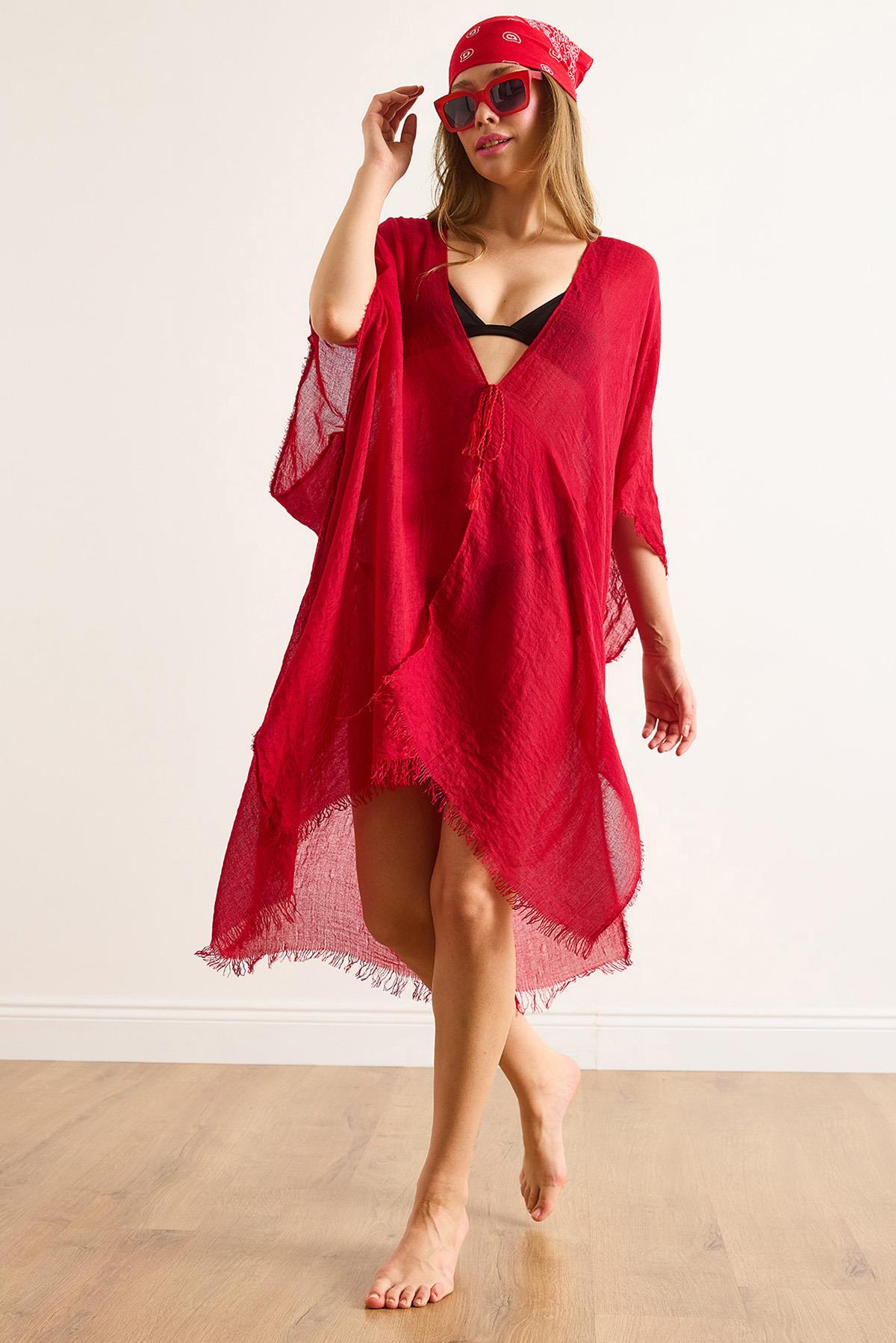 Yırtmaçlı Bağlamalı Pareo Kimono Kırmızı