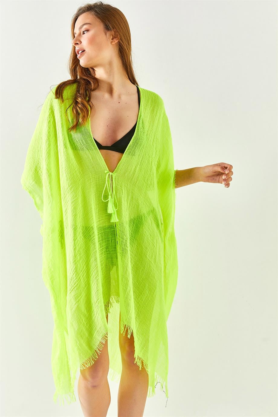 Yırtmaçlı Bağlamalı Pareo Kimono Neon Yeşil