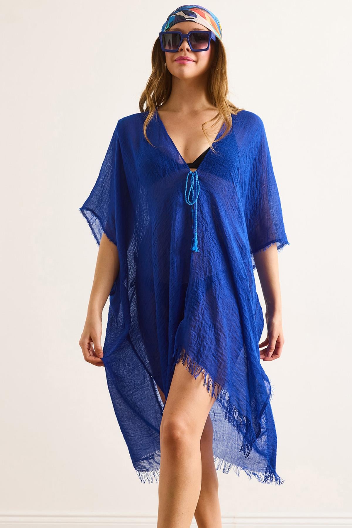 Yırtmaçlı Bağlamalı Pareo Kimono Saks Mavi