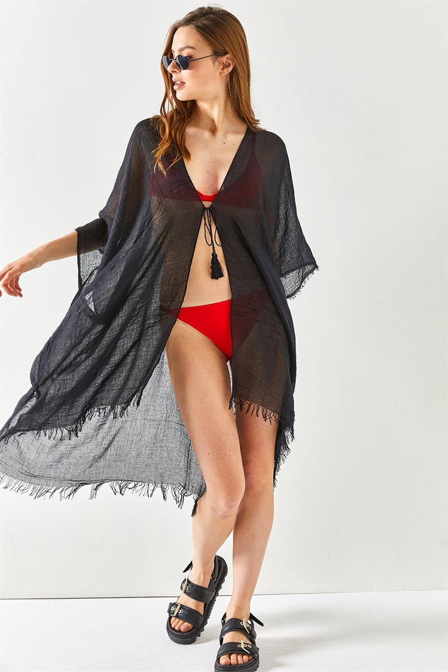 Yırtmaçlı Bağlamalı Pareo Kimono Siyah