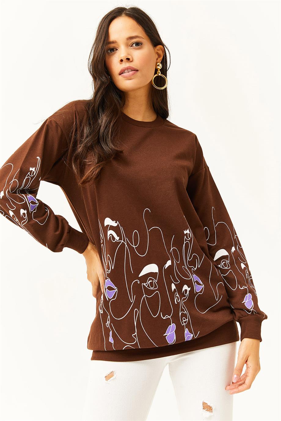 Yüz Figürlü Oversize Sweatshirt Acı Kahve
