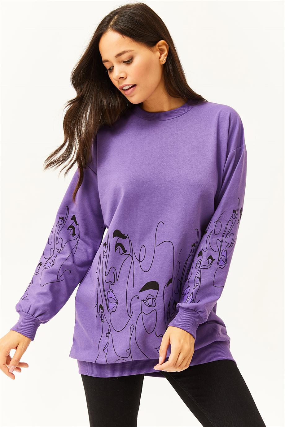 Yüz Figürlü Oversize Sweatshirt Mor