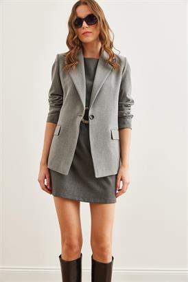 Tek Düğmeli Astarlı Cep Kapaklı Premium Blazer Ceket Açık Gri