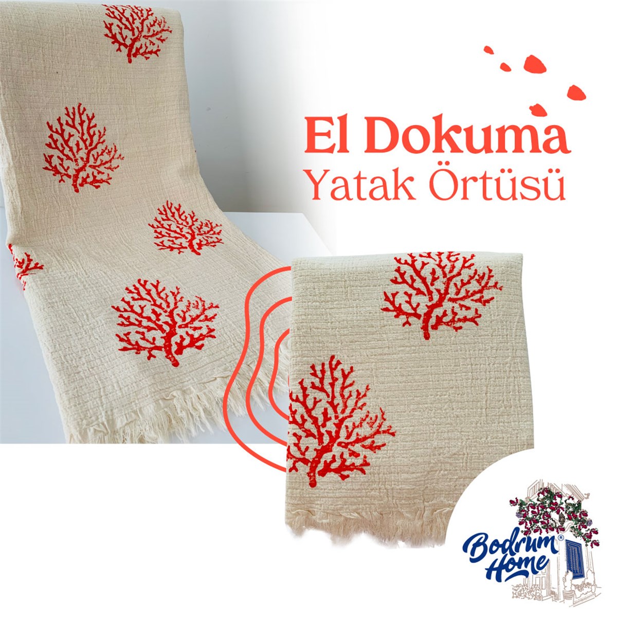 EL DOKUMA MERCAN YATAK ÖRTÜSÜBODRUMHOME