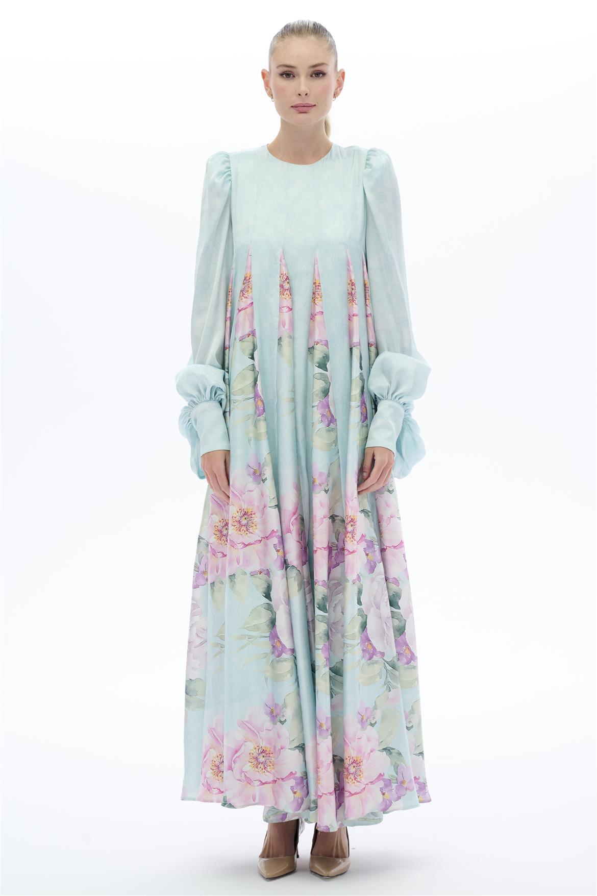 ARASI ÇİÇEK DESENLİ PARÇALI ELBİSE Mint