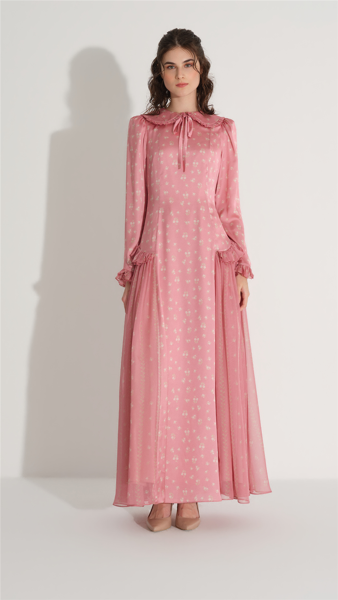 BEBE YAKALI ŞİFON SATEN ELBİSE Pembe