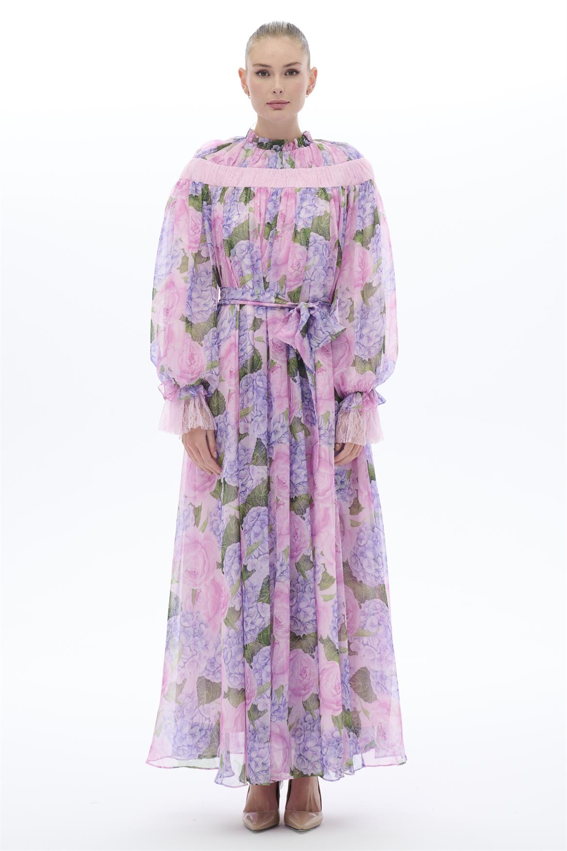 ÇİÇEK DESENLİ ETNİK ELBİSE Lila