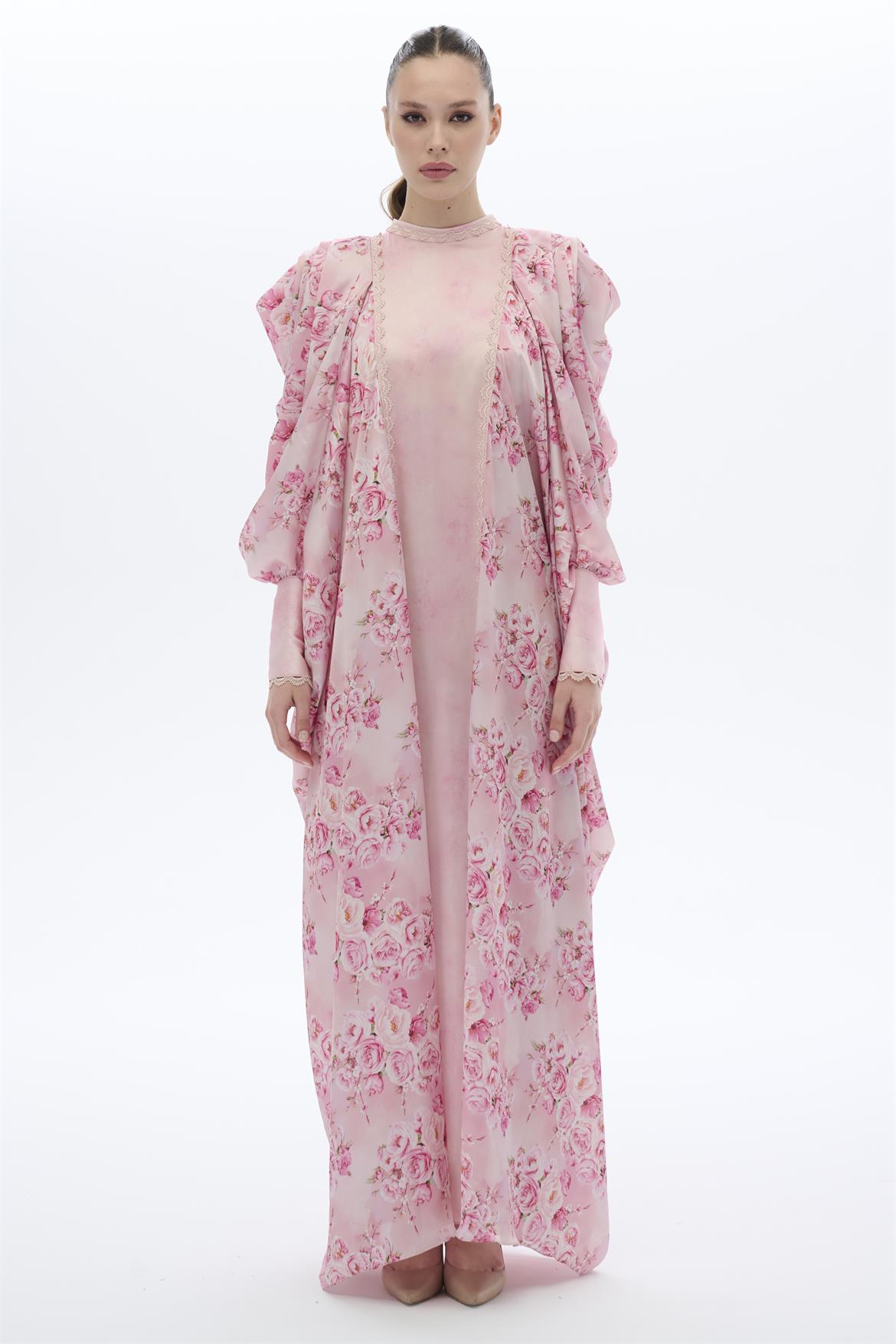 DANTEL ŞERİTLİ KAFTAN ELBİSE Pembe