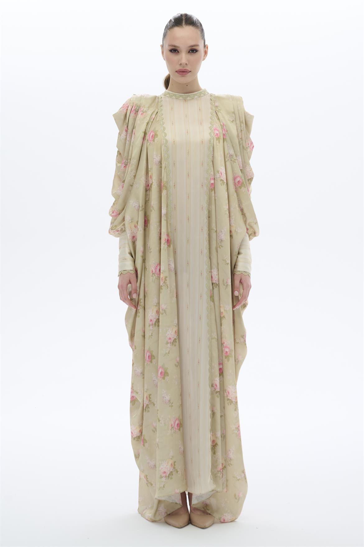 DANTEL ŞERİTLİ KAFTAN ELBİSE YAĞ YEŞİLİ