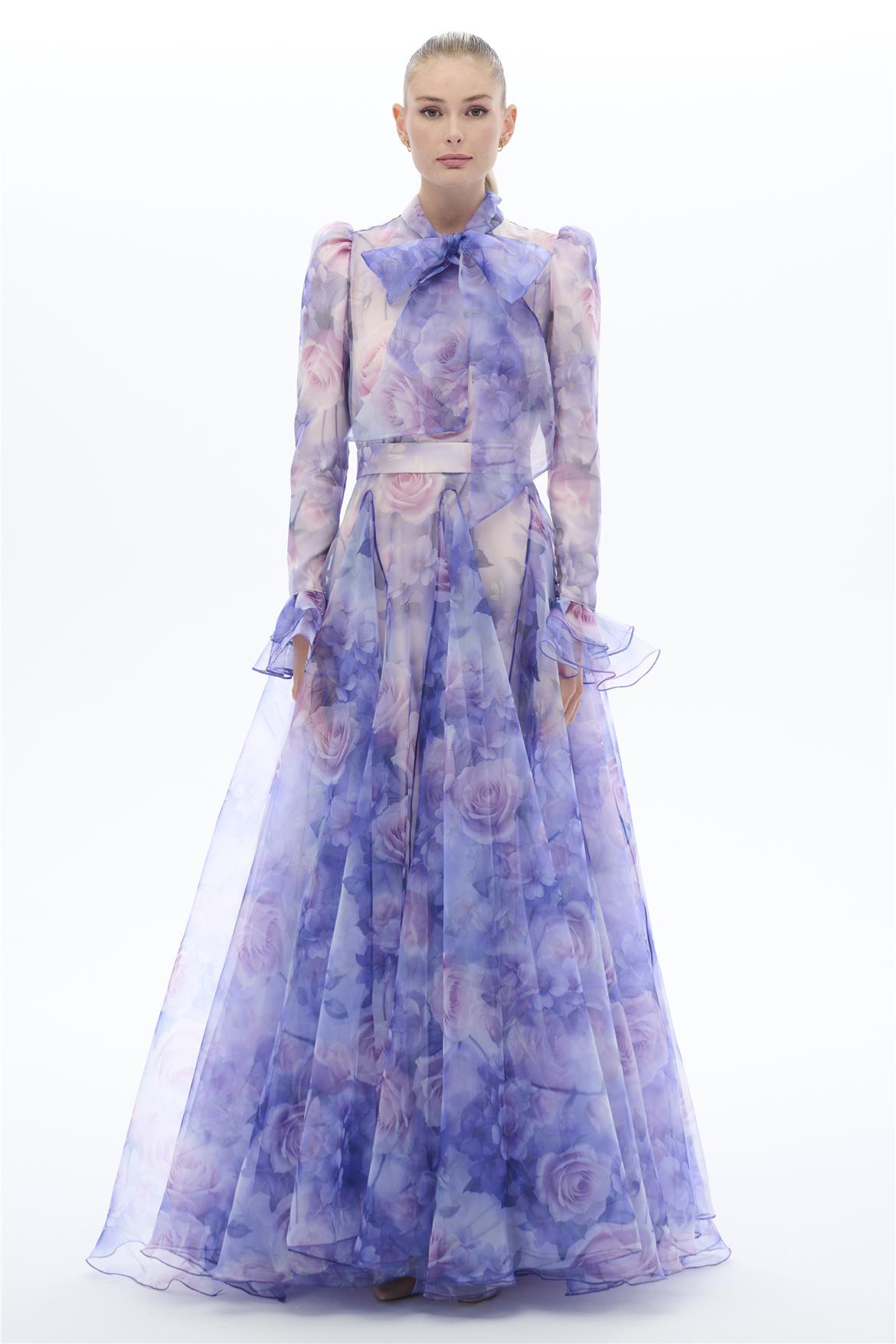 DESENLİ ORGANZE ELBİSE Lila