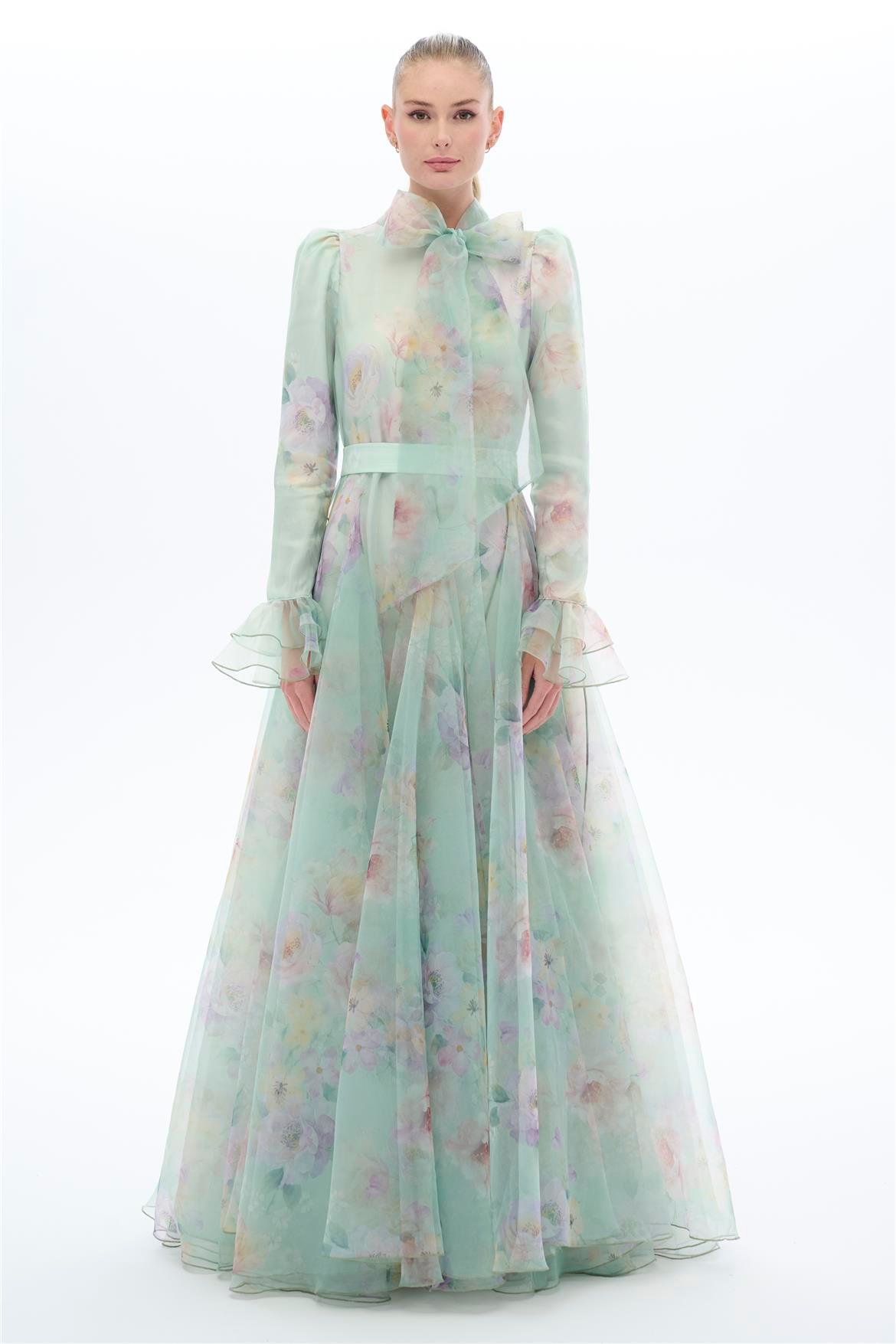 DESENLİ ORGANZE ELBİSE Mint