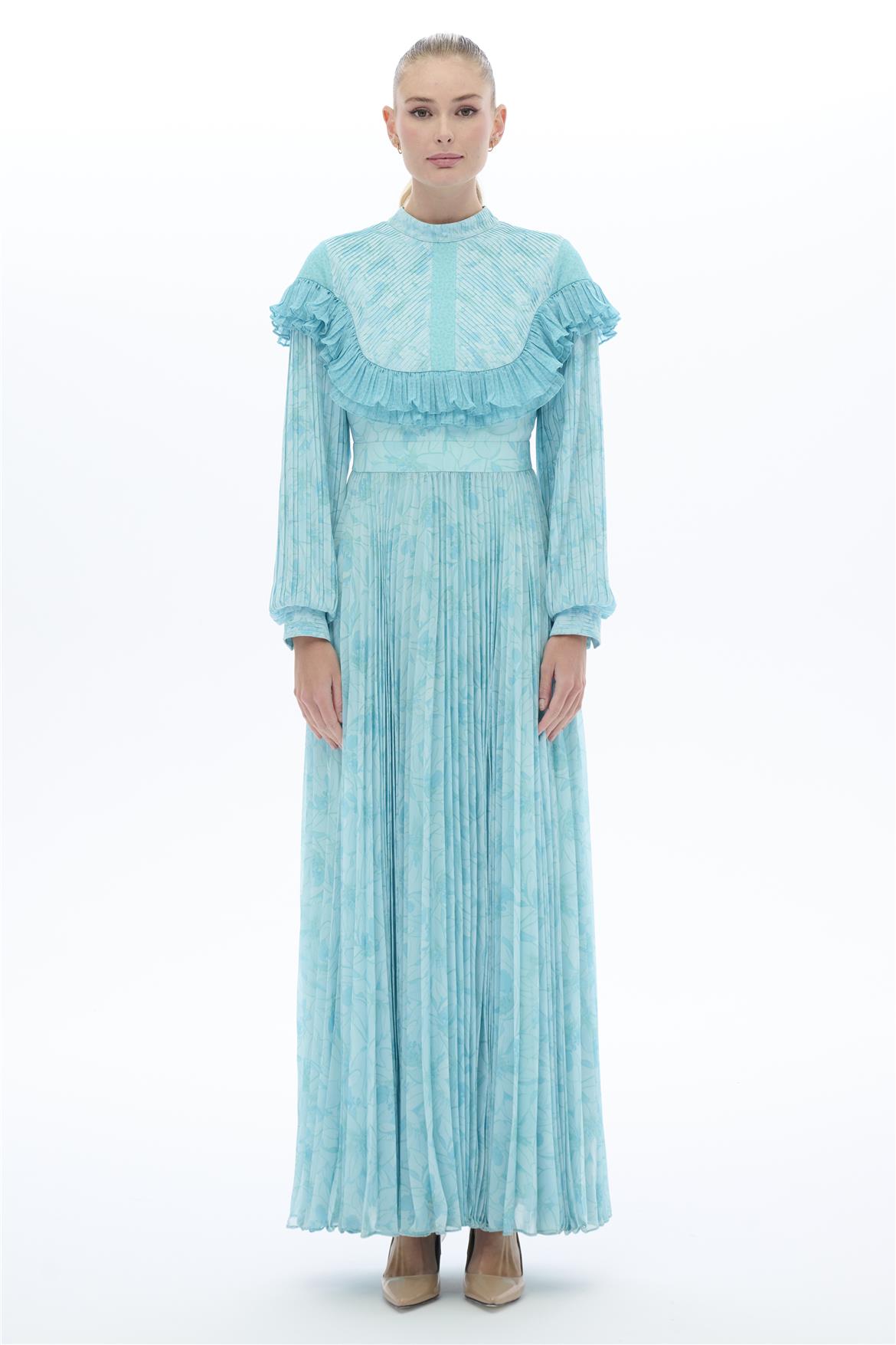 DESENLİ PLATA ELBİSE Mavi