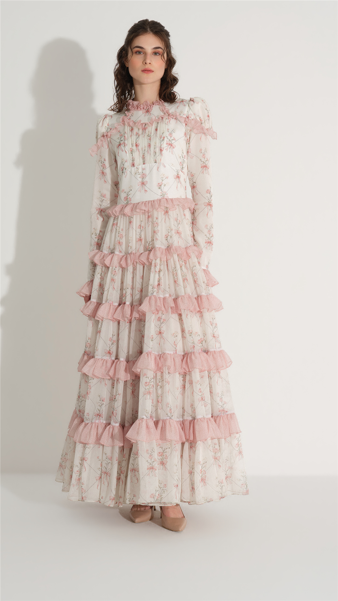 FİYONK DESENLİ ELBİSE Pudra