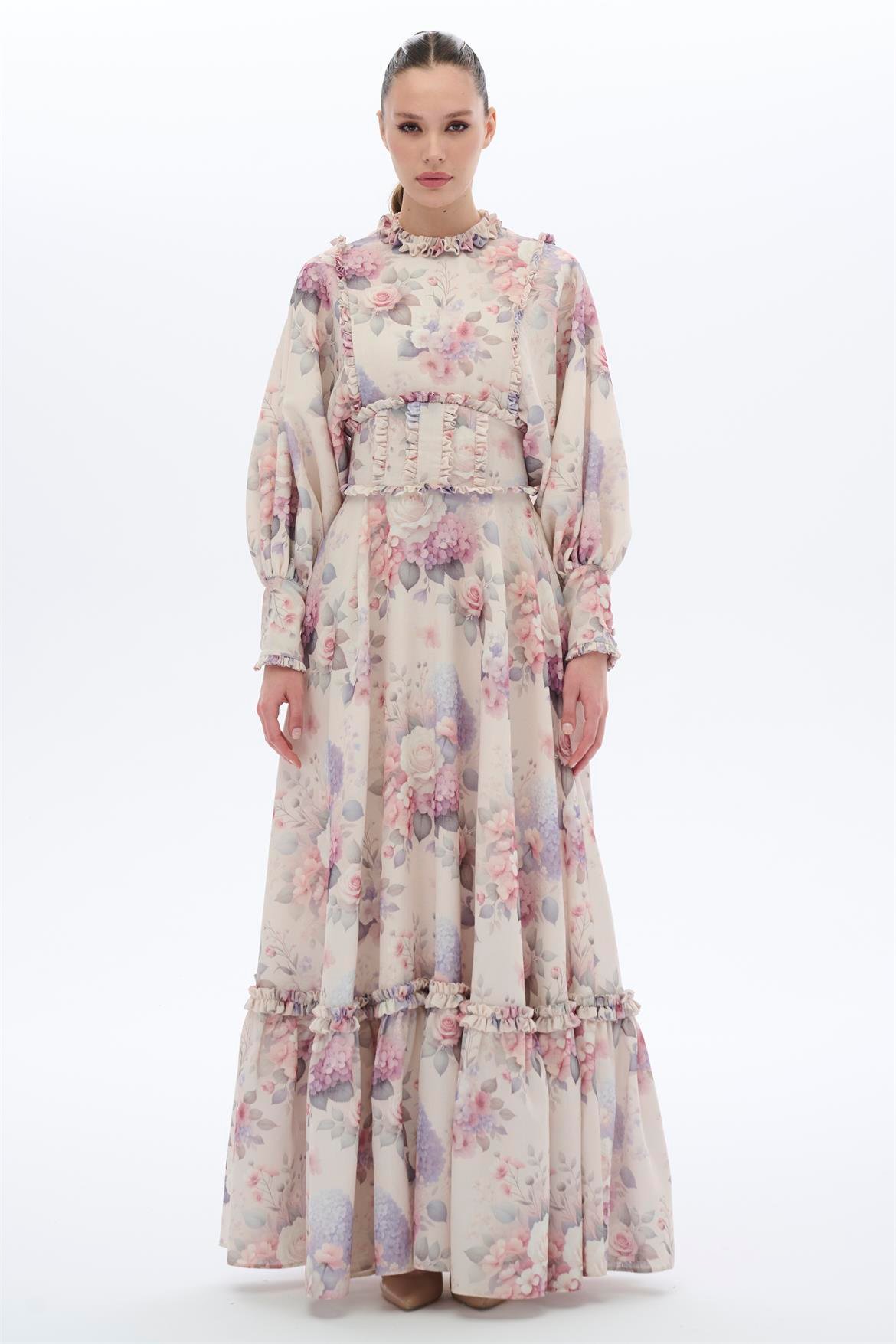 KORSAJ DETAYLI ELBİSE Krem