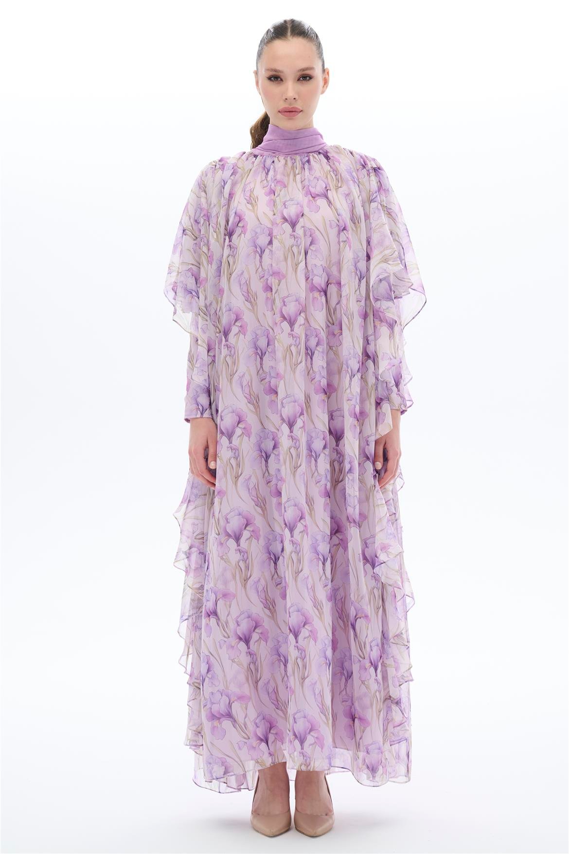 LALE DESENLİ KAFTAN ELBİSE Lila