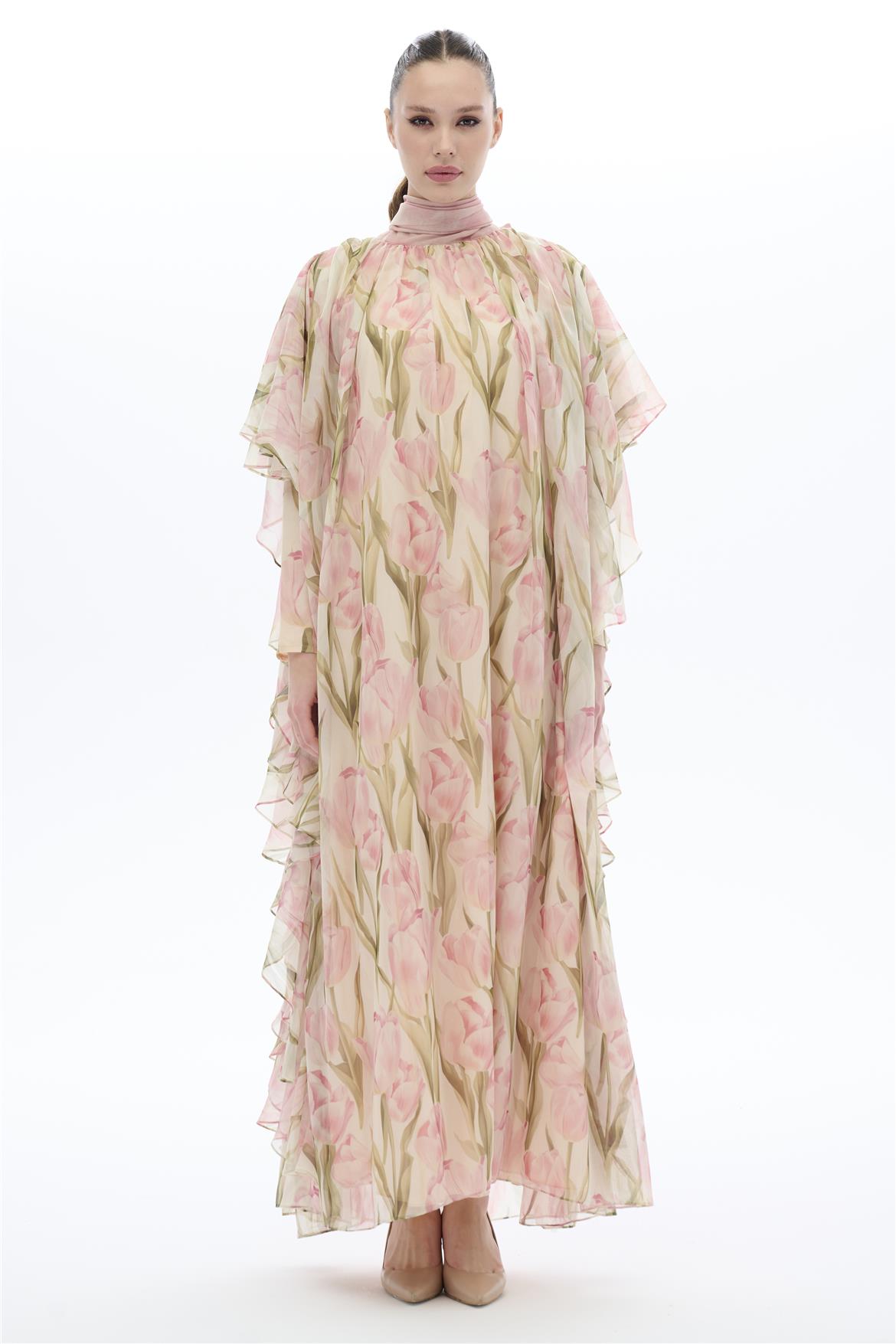 LALE DESENLİ KAFTAN ELBİSE Somon