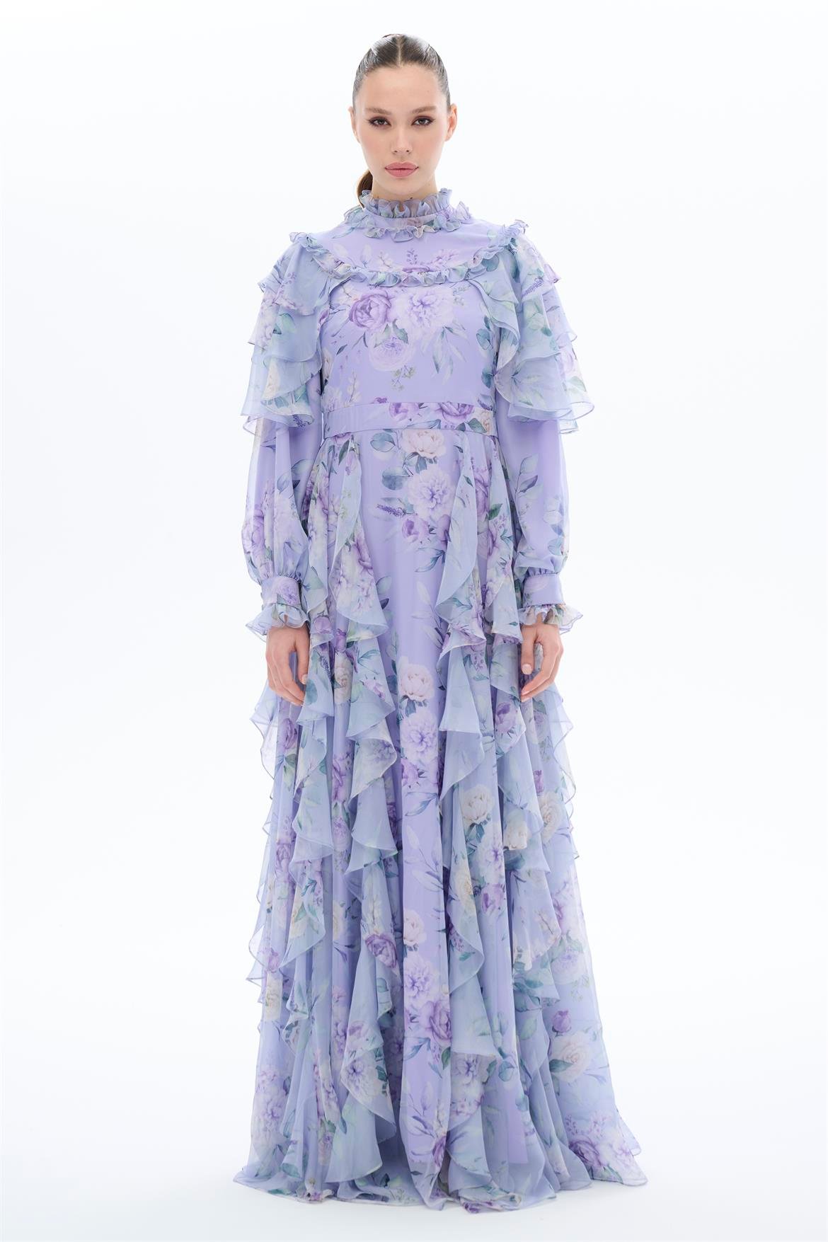 OMUZ VE ETEK YANI BÜZGÜLÜ ELBİSE Lila