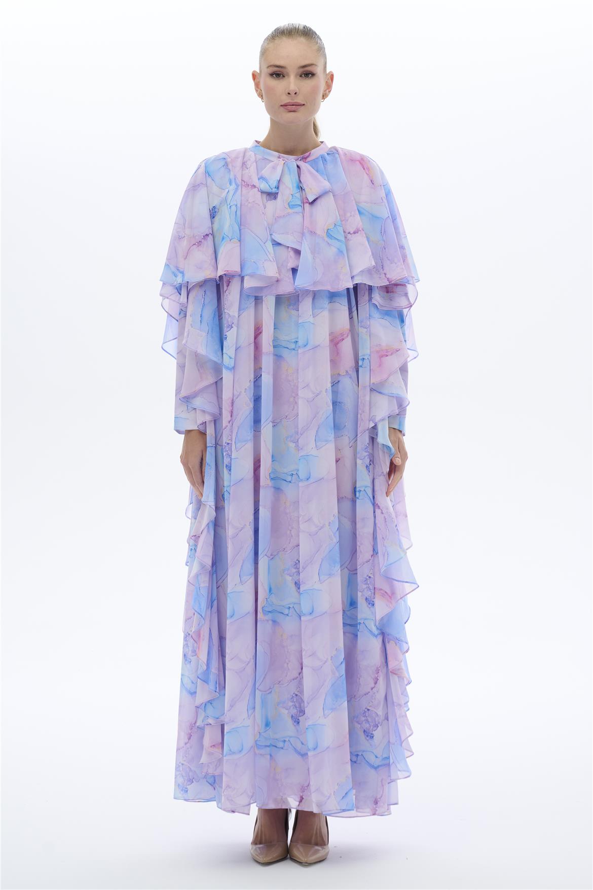 OMUZLARI PELERİNLİ ELBİSE Lila