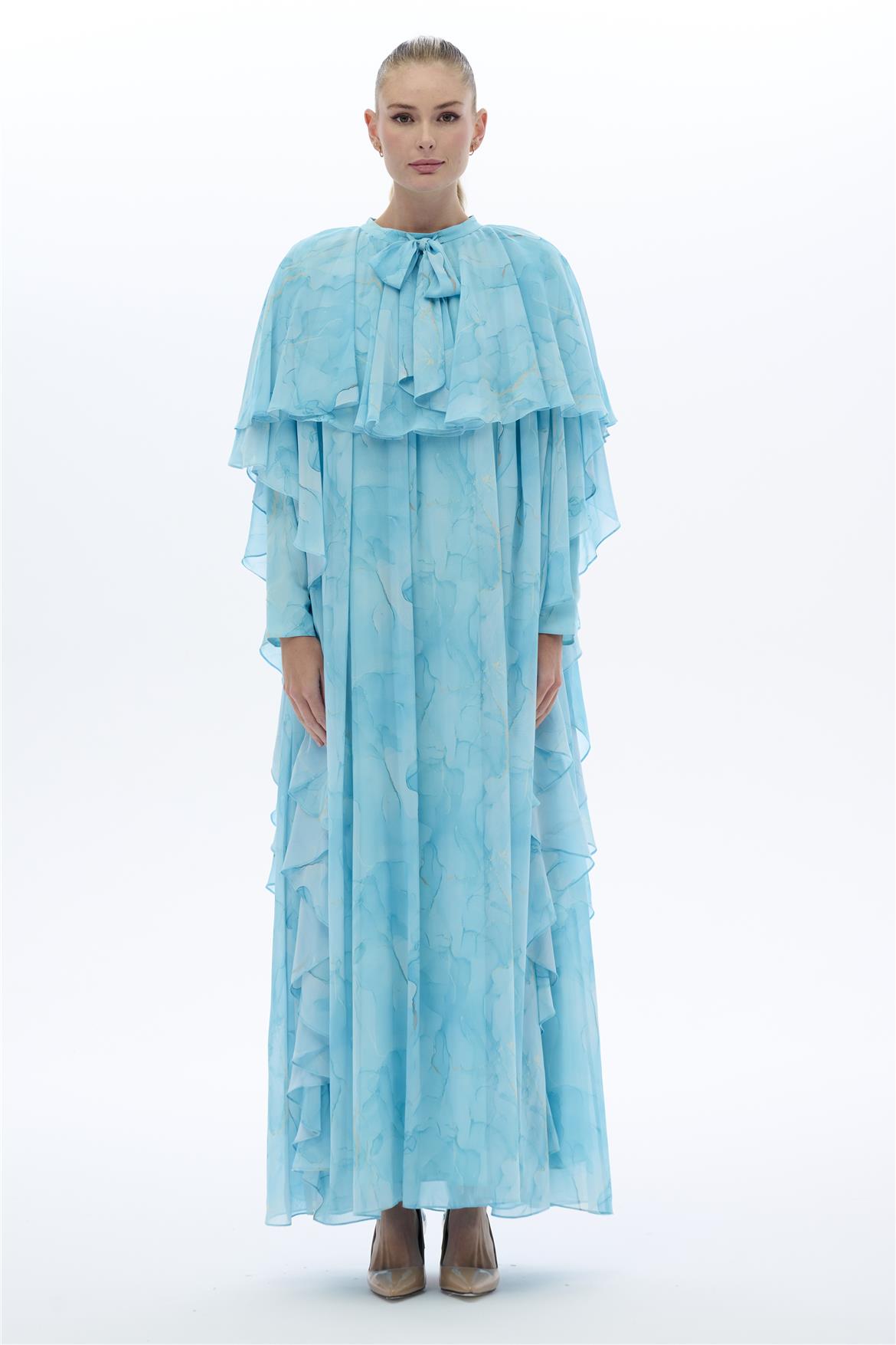 OMUZLARI PELERİNLİ ELBİSE Mavi