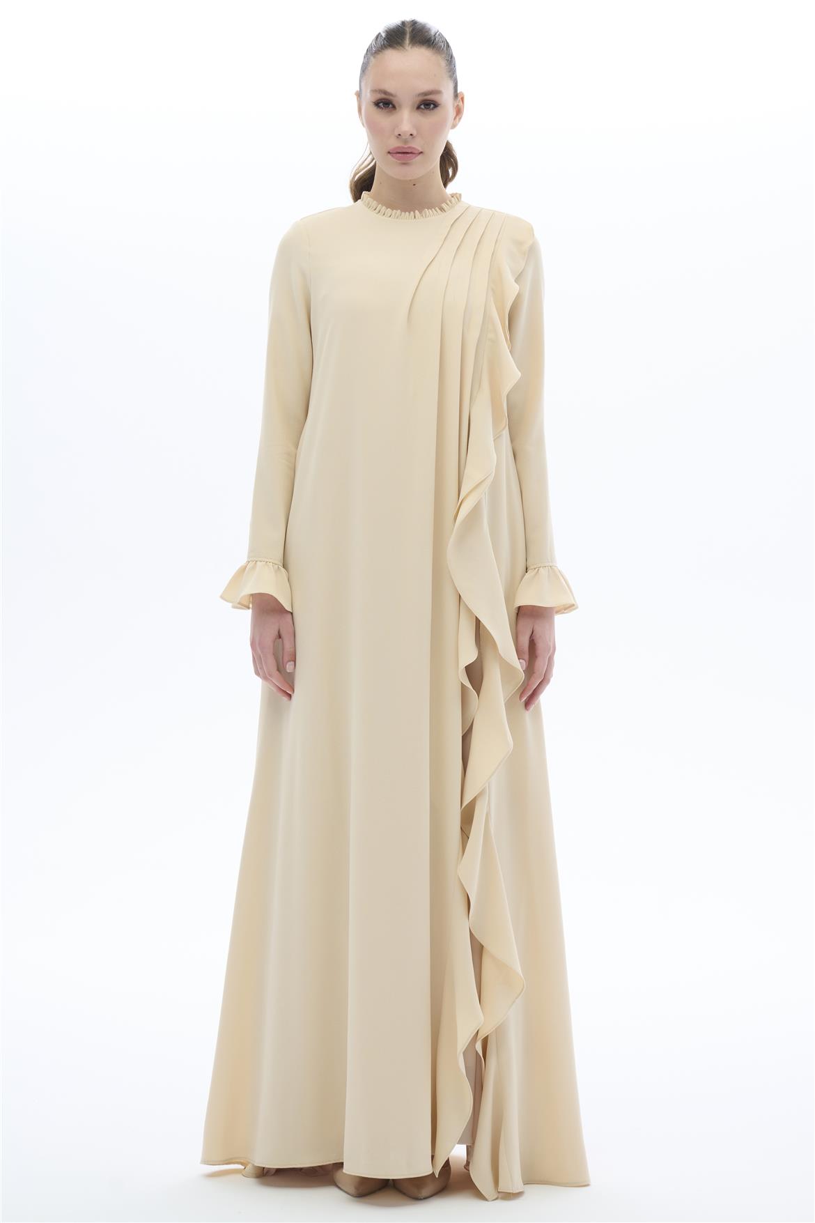 ÖN BEDENİ V KESİM FIRFIRLİ ELBİSE Bej