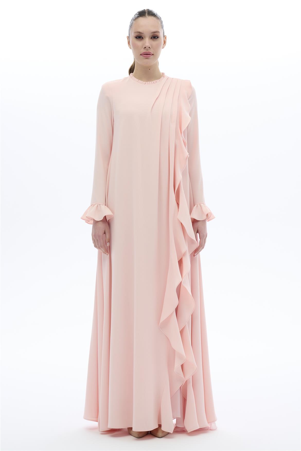 ÖN BEDENİ V KESİM FIRFIRLİ ELBİSE Pudra