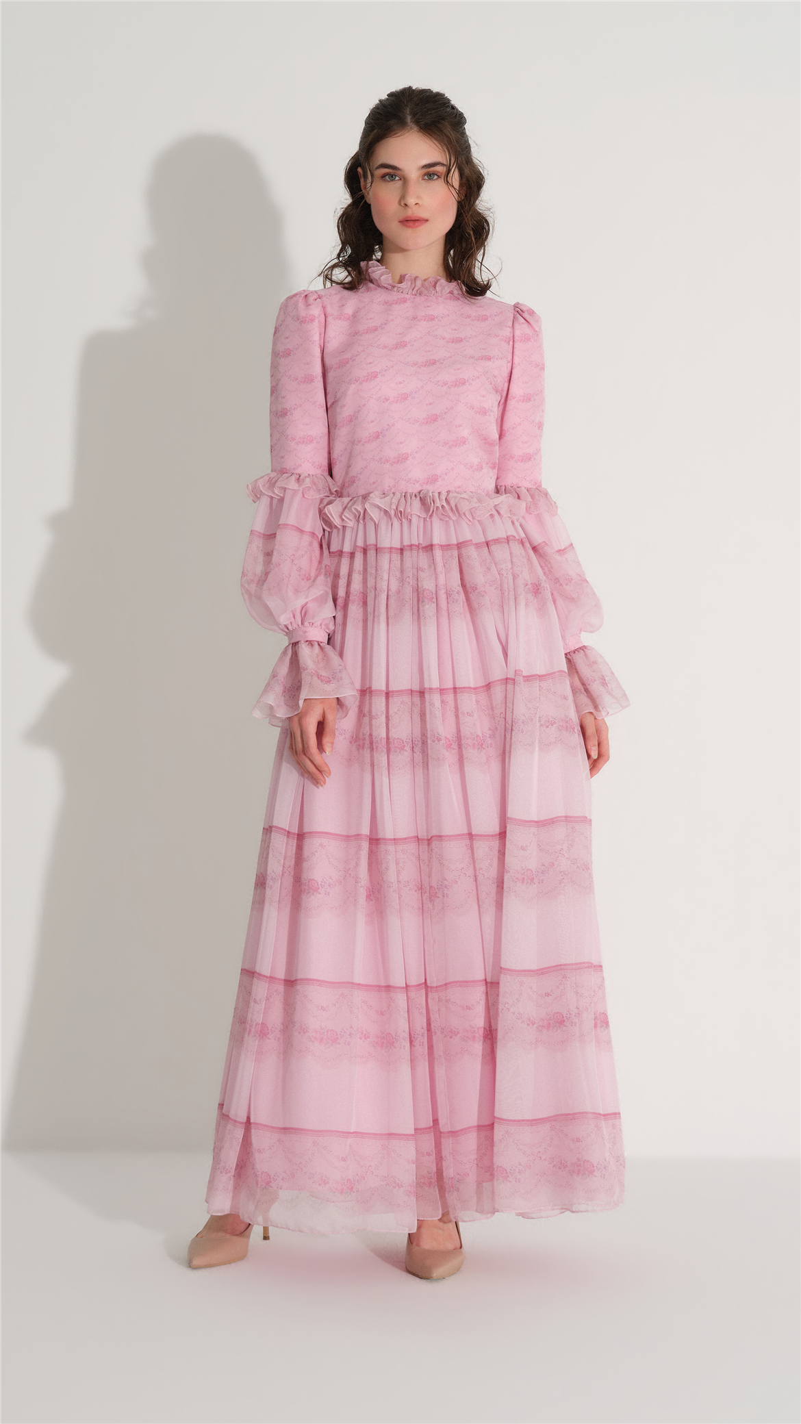 PANO DESEN İPEK ŞİFON ELBİSE Pembe