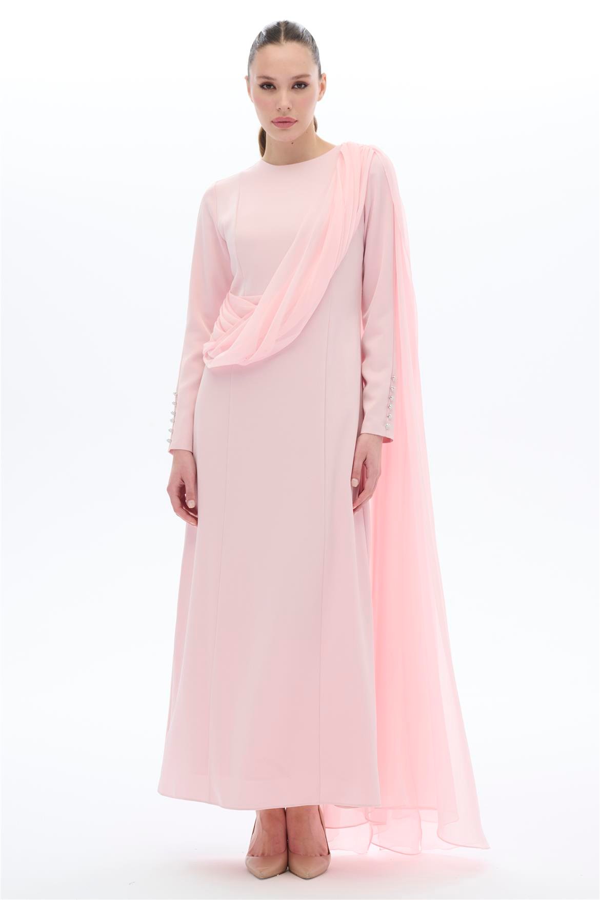 TEK OMUZU PELERİNLİ ELBİSE Pudra