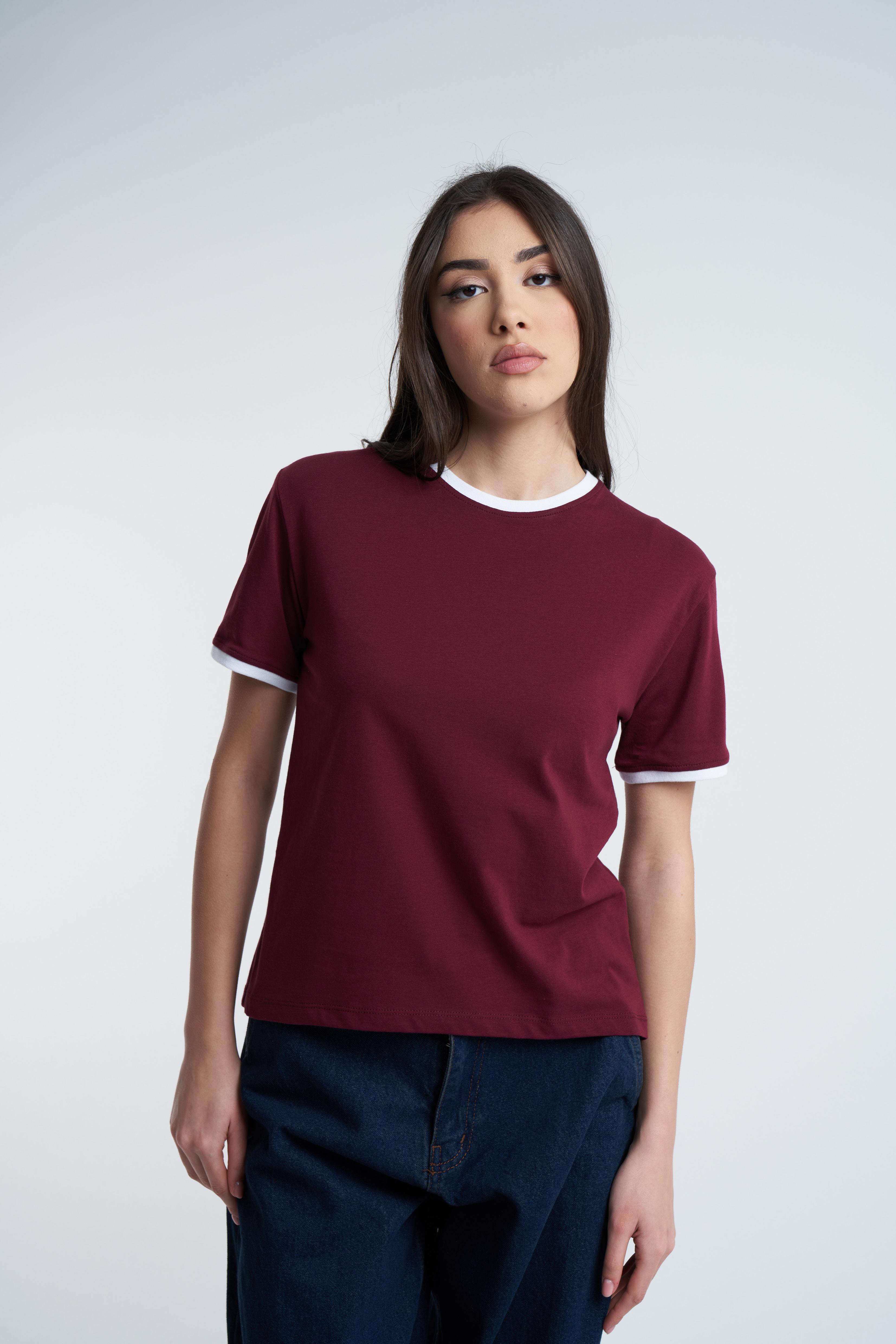 Bisiklet Yaka Kısa Kol T-Shirt Bordo