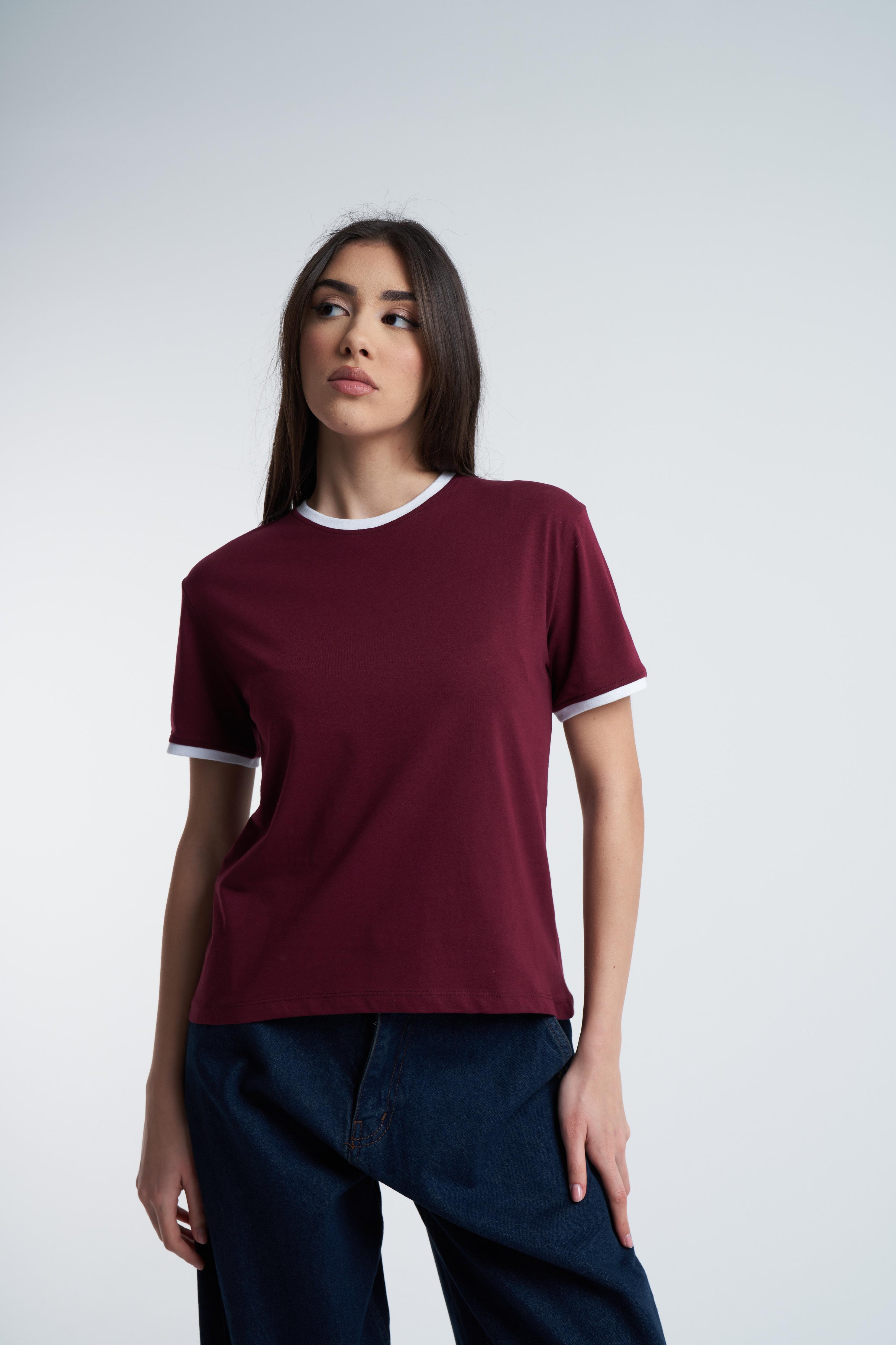 Bisiklet Yaka Kısa Kol T-Shirt Bordo