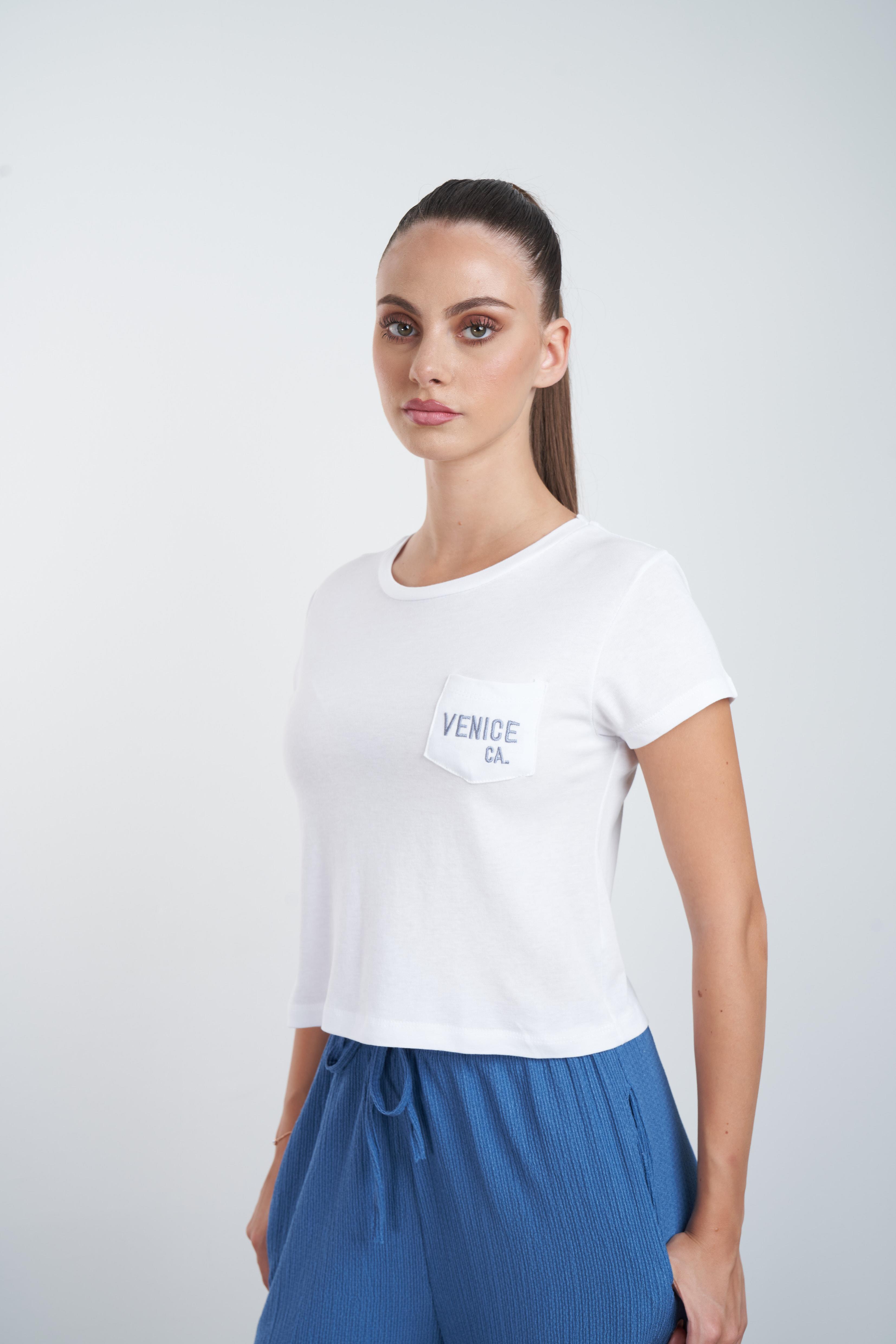 Venice Nakış Baskılı Kısa T-shirt Beyaz