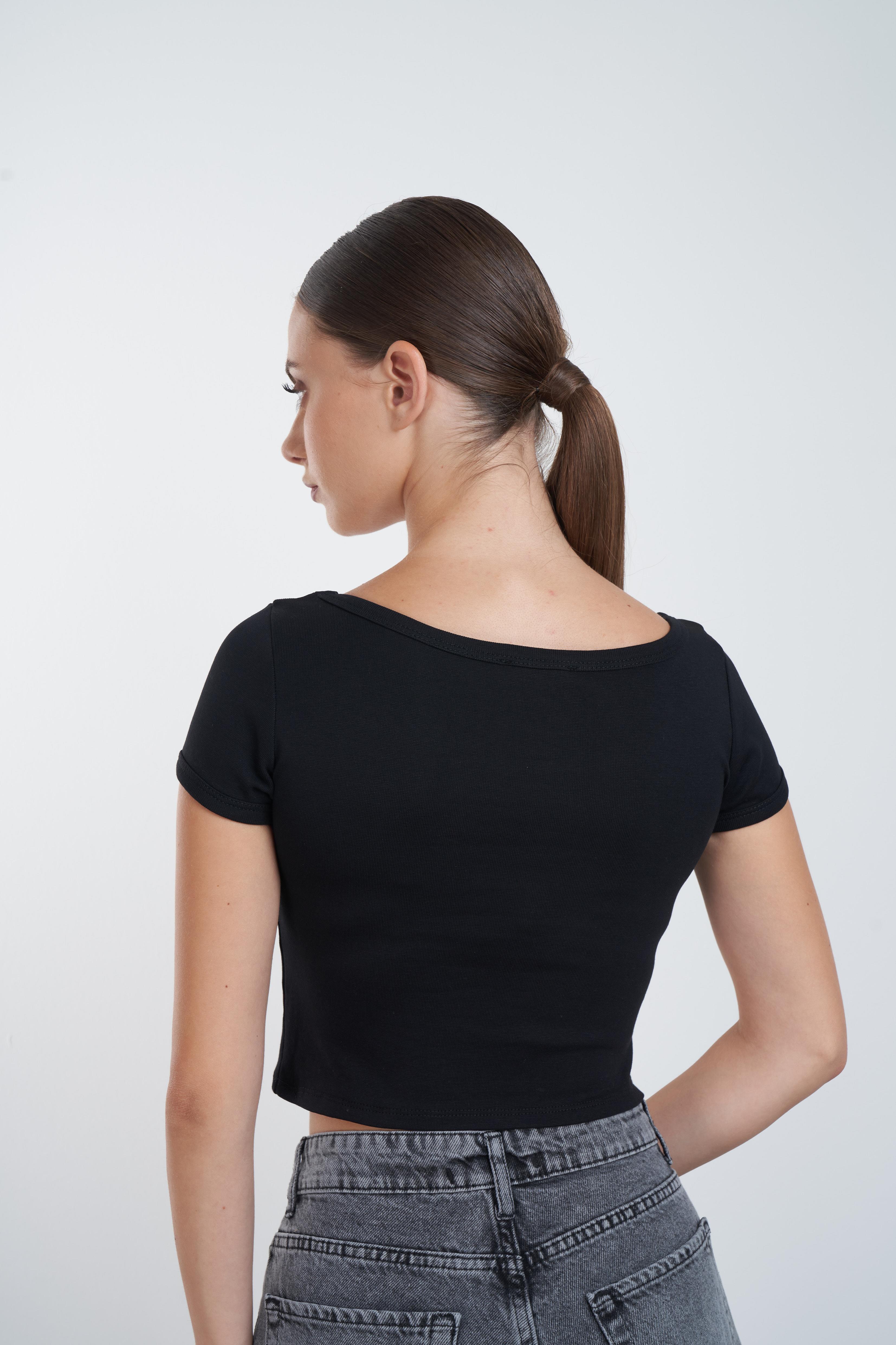 Paris Nakış Baskılı Kısa T-shirt Siyah