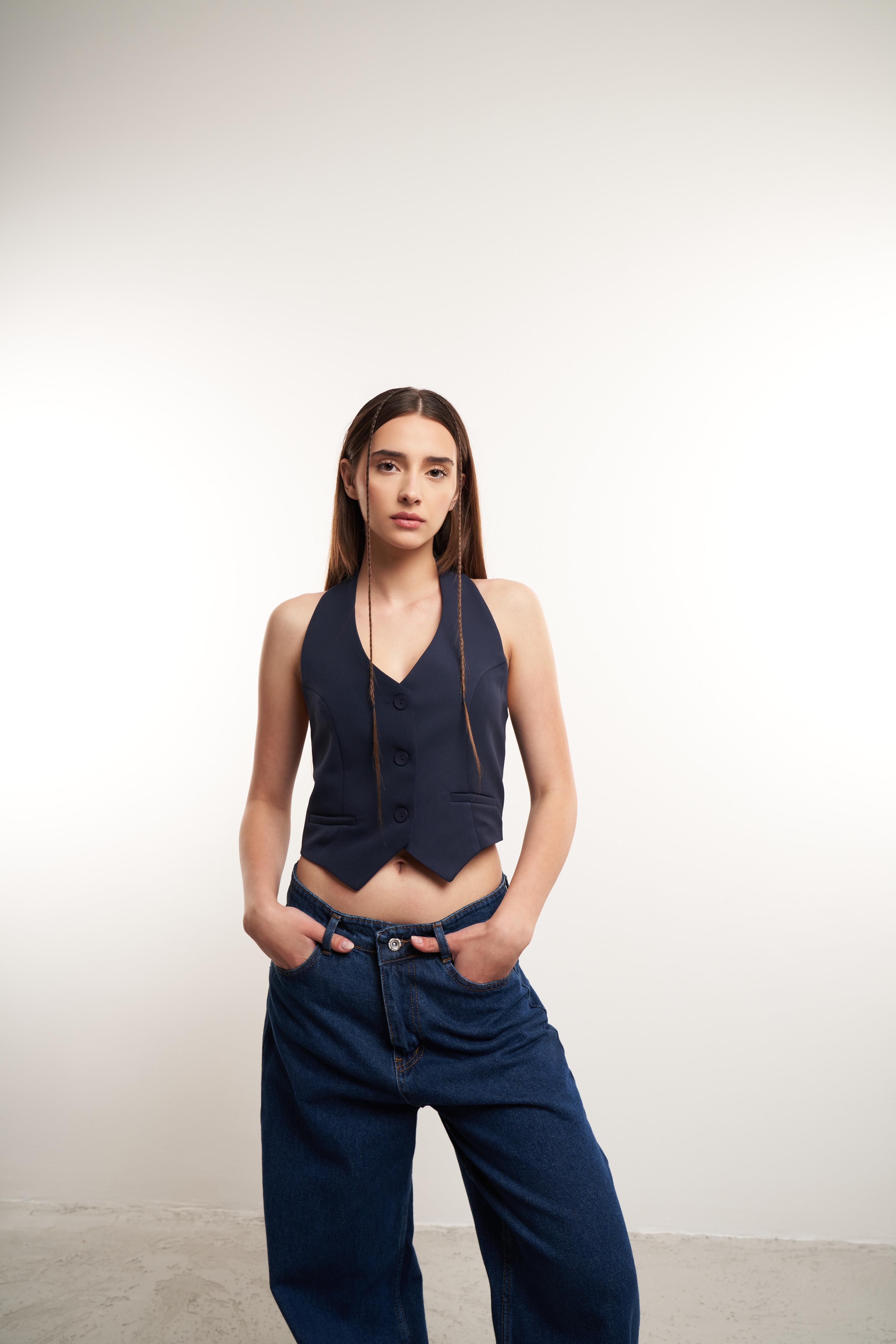 Sırt Dekolte Detaylı Yelek Lacivert