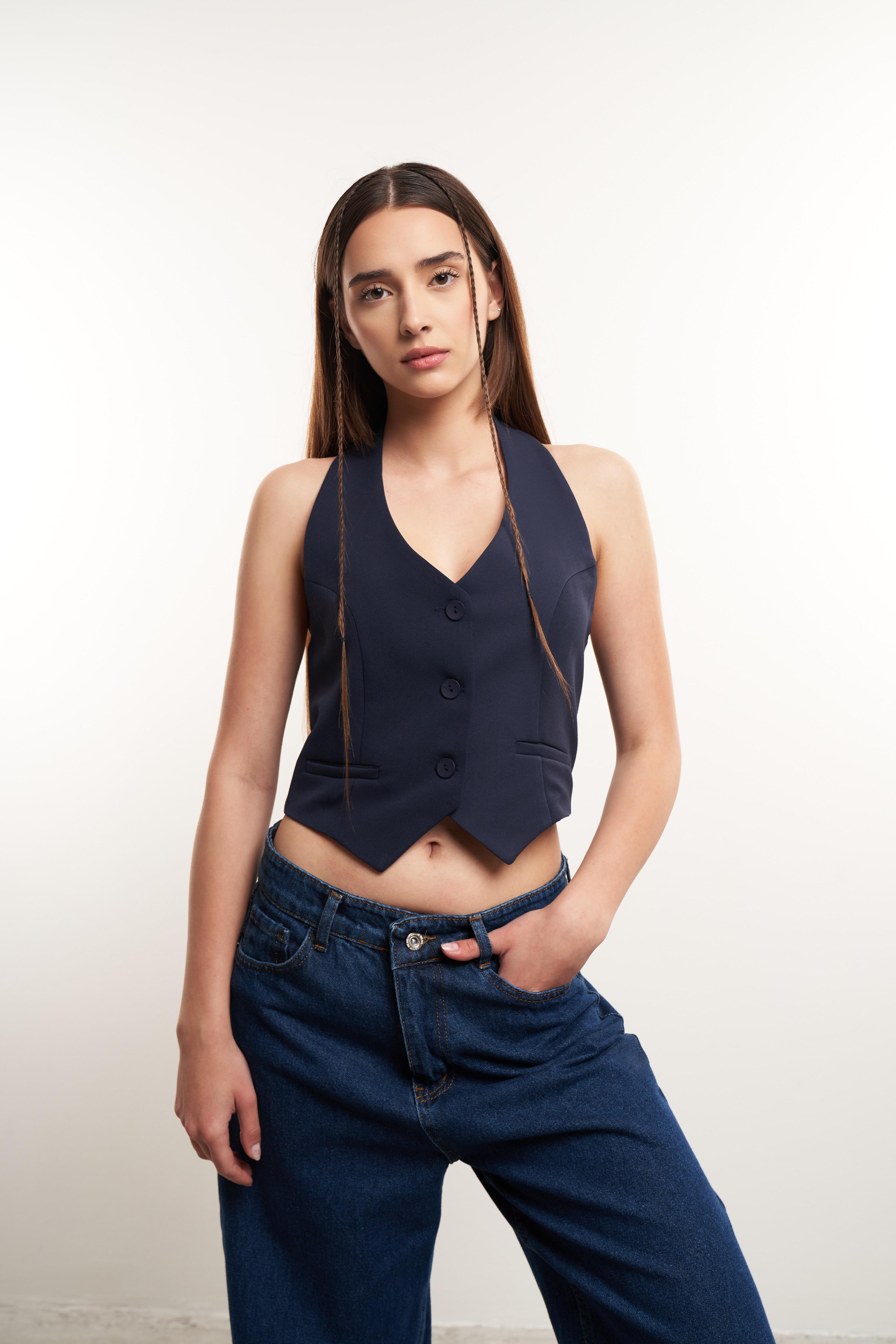 Sırt Dekolte Detaylı Yelek Lacivert
