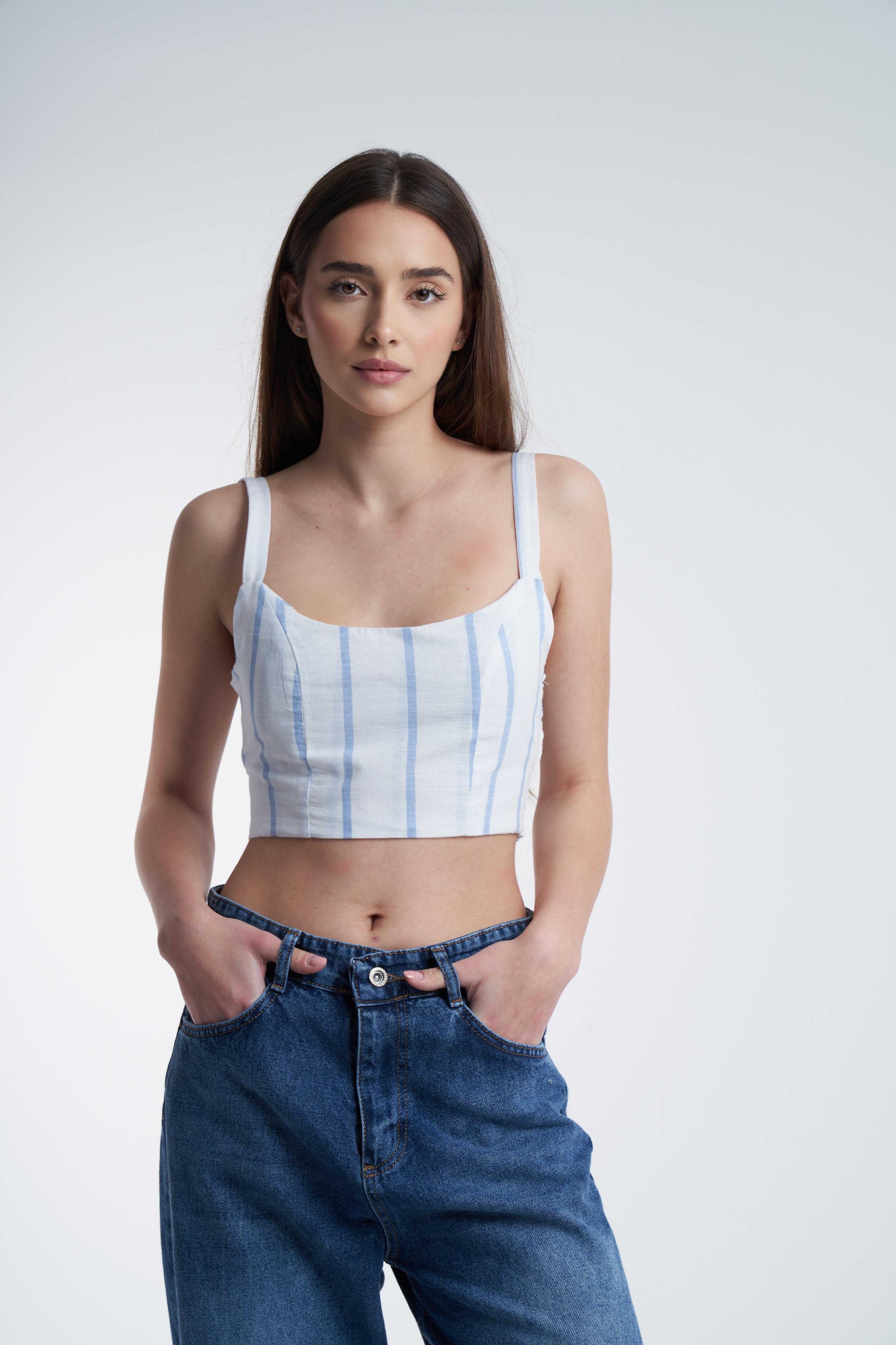 Askılı Crop Model Bluz Mavi-Beyaz