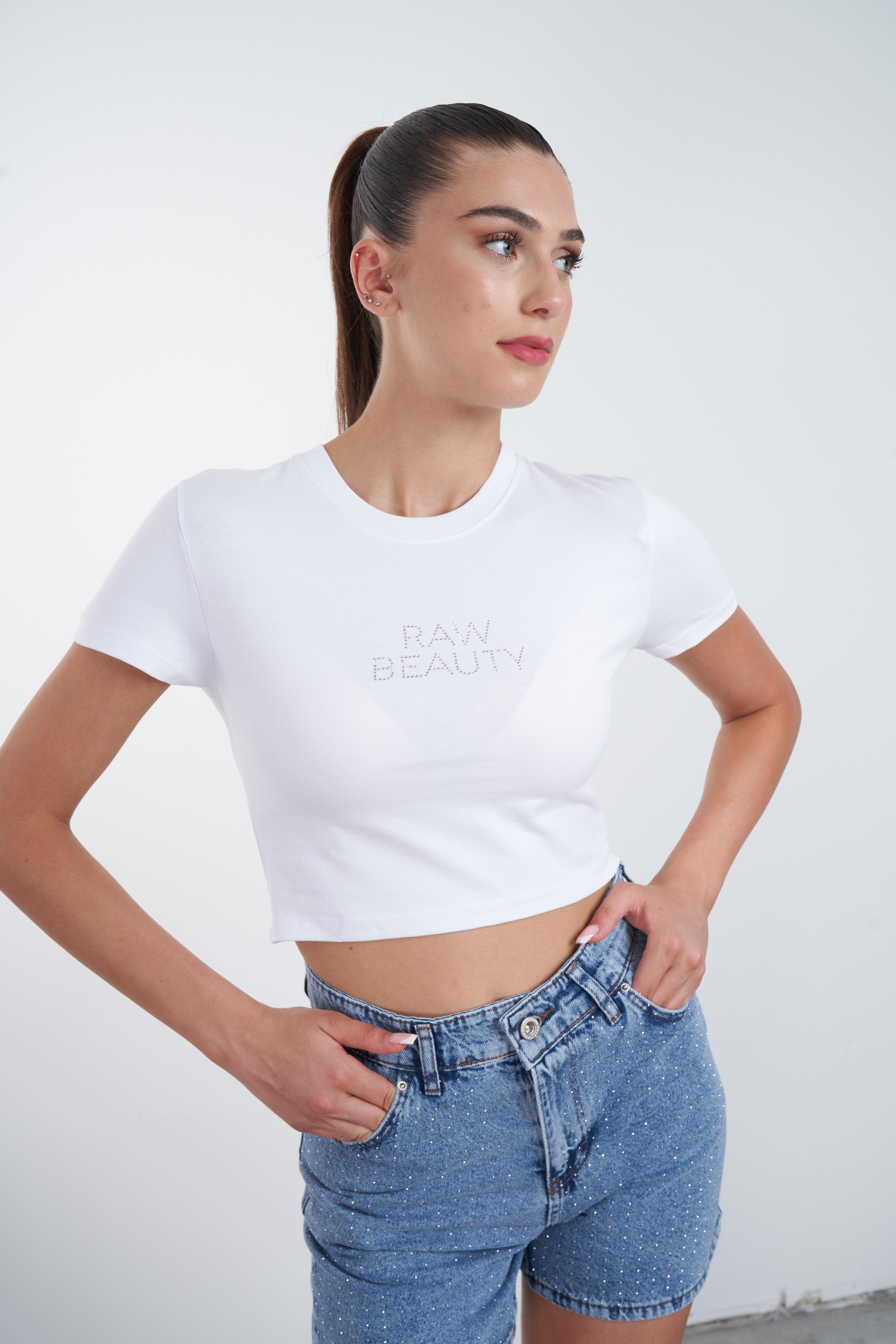 Raw Beauty Taş Baskılı Kısa T-shirt Beyaz