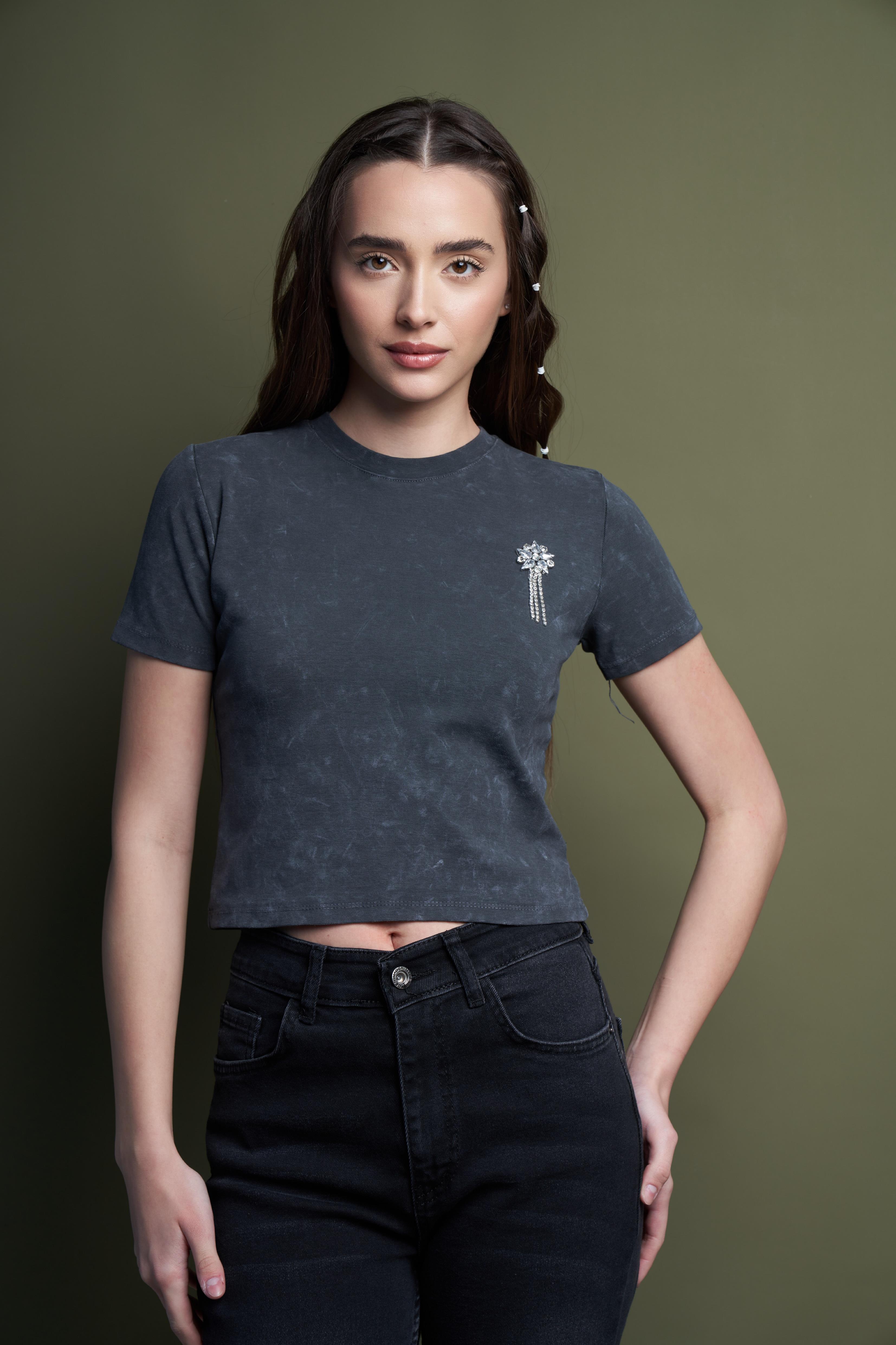 Eskitme Yıkamalı Crop T-shirt Antrasit