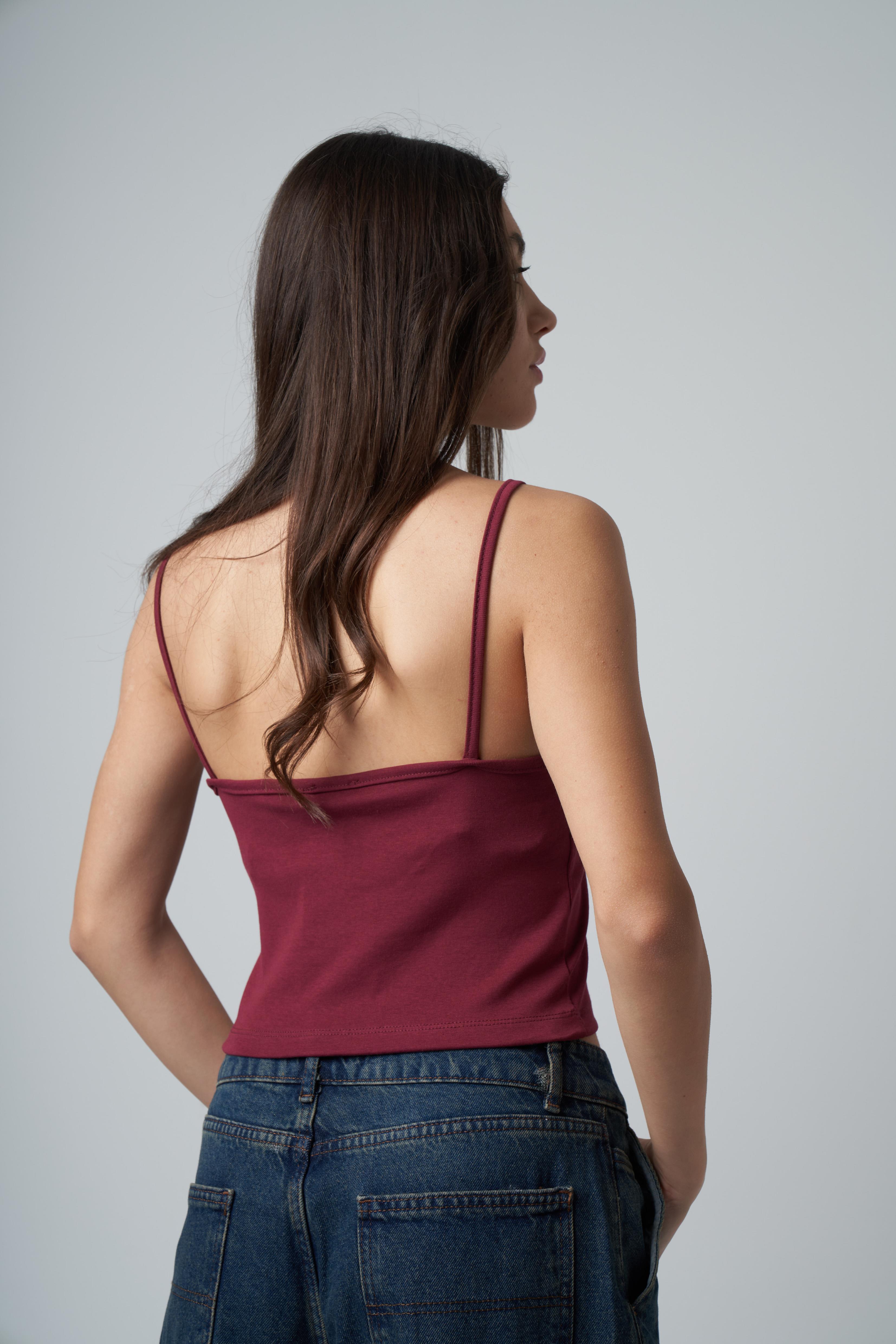 Askılı Basic Ribana Kumaş Kısa Bluz Bordo