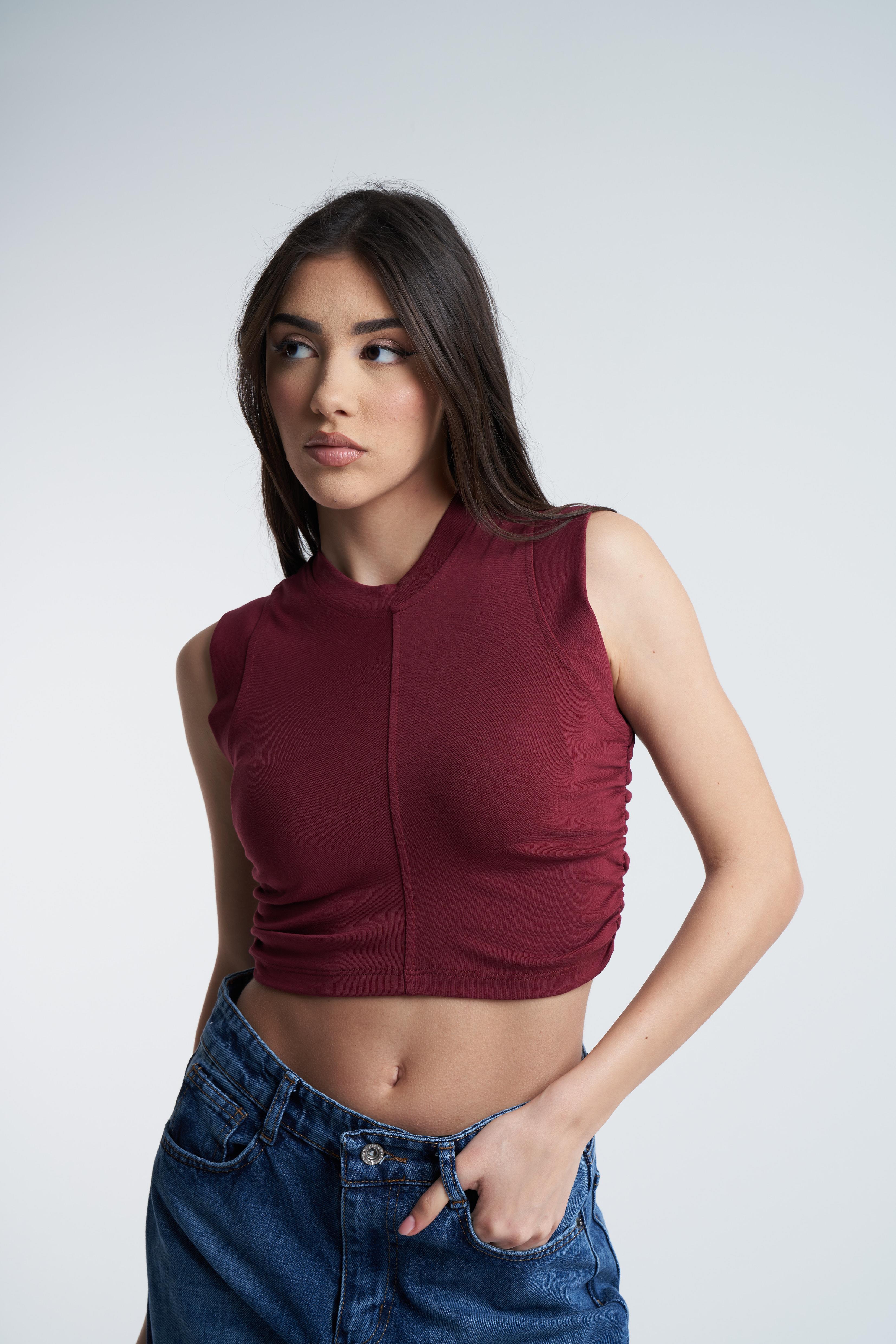 Yanlar Büzgülü Sıfır Kol Bluz Bordo