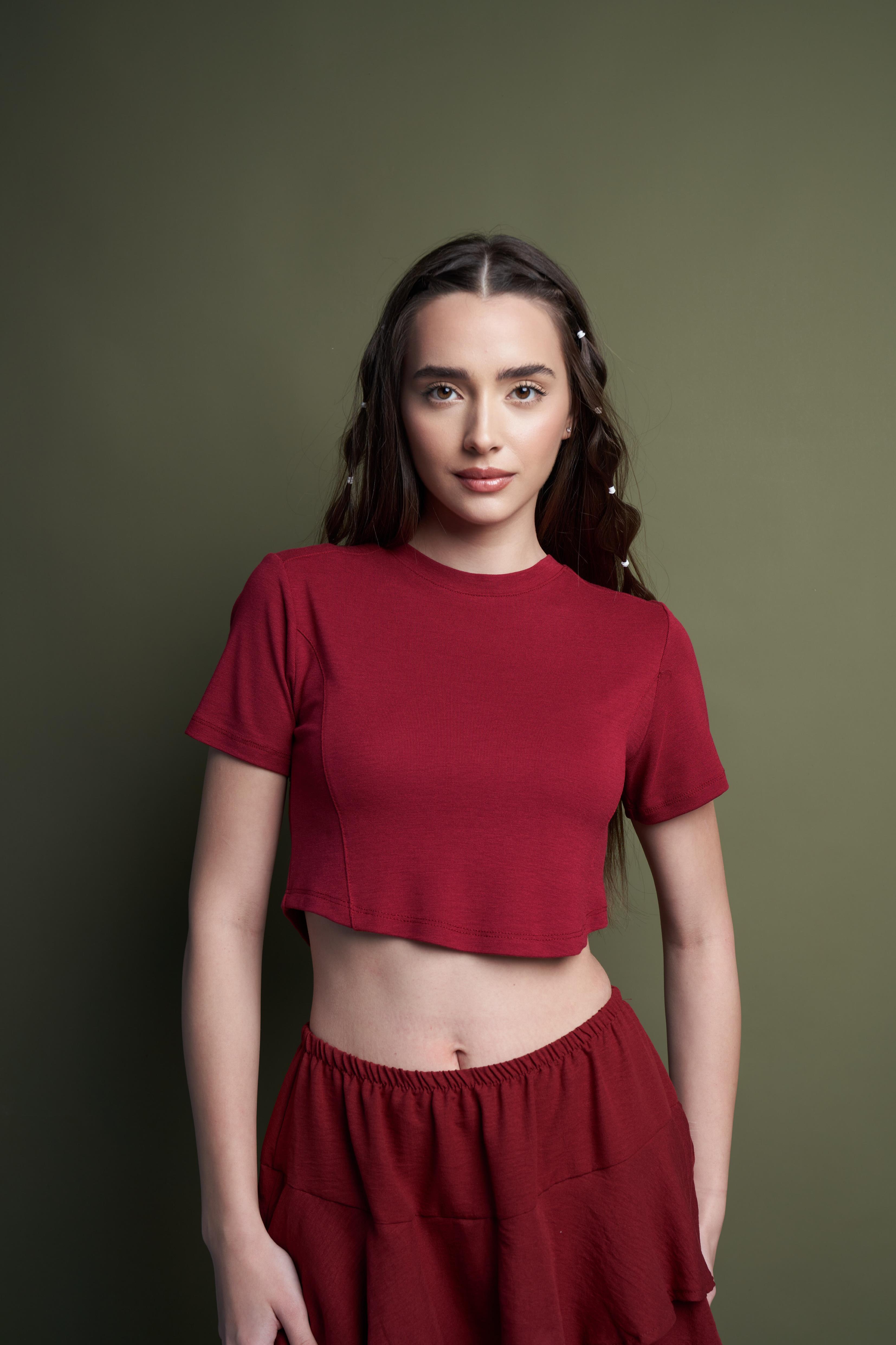 Basic Kısa Kol Crop Bluz Bordo