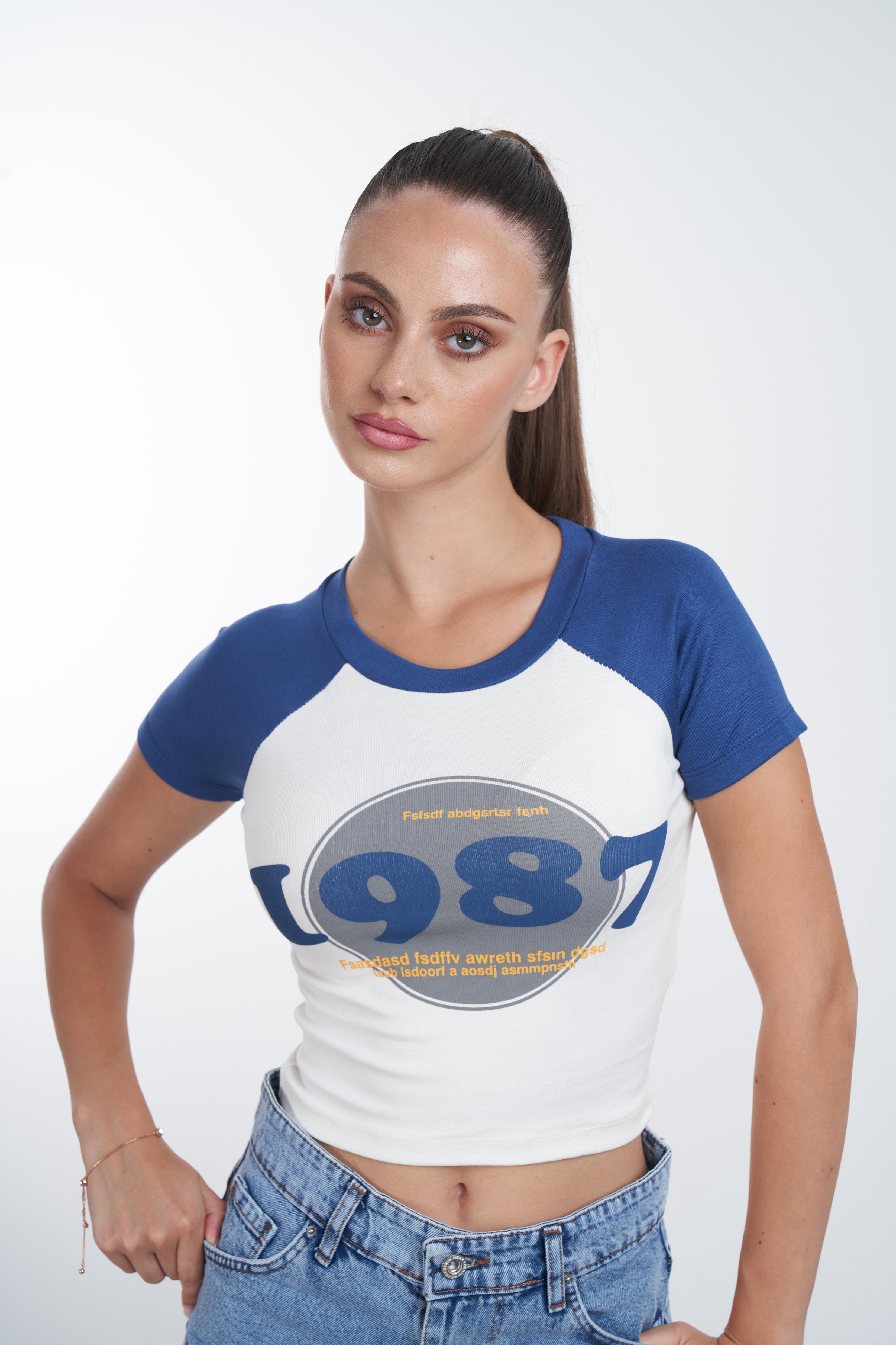 1987 Baskılı Kısa T-shirt Lacivert-Ekru