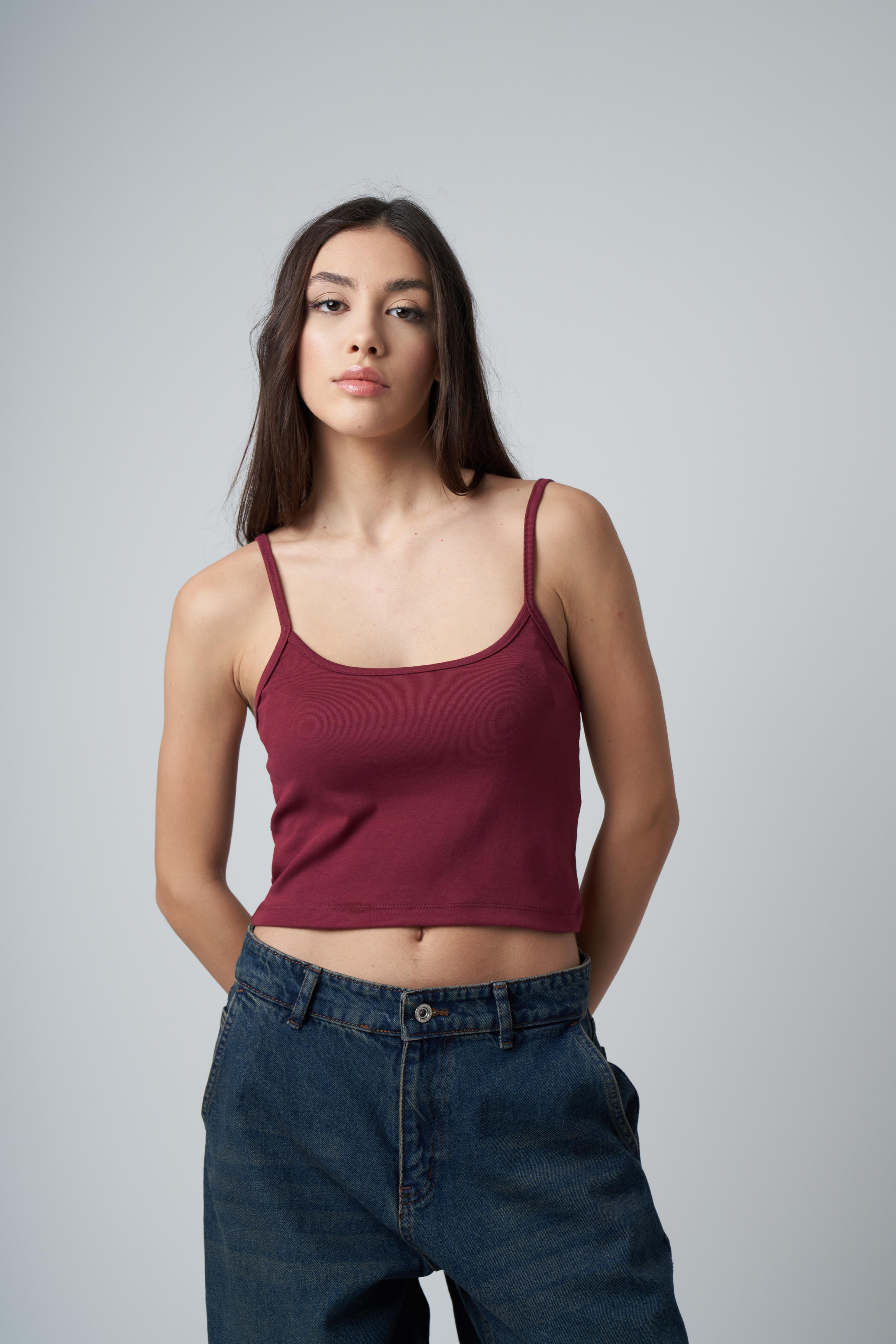 Askılı Basic Ribana Kumaş Kısa Bluz Bordo