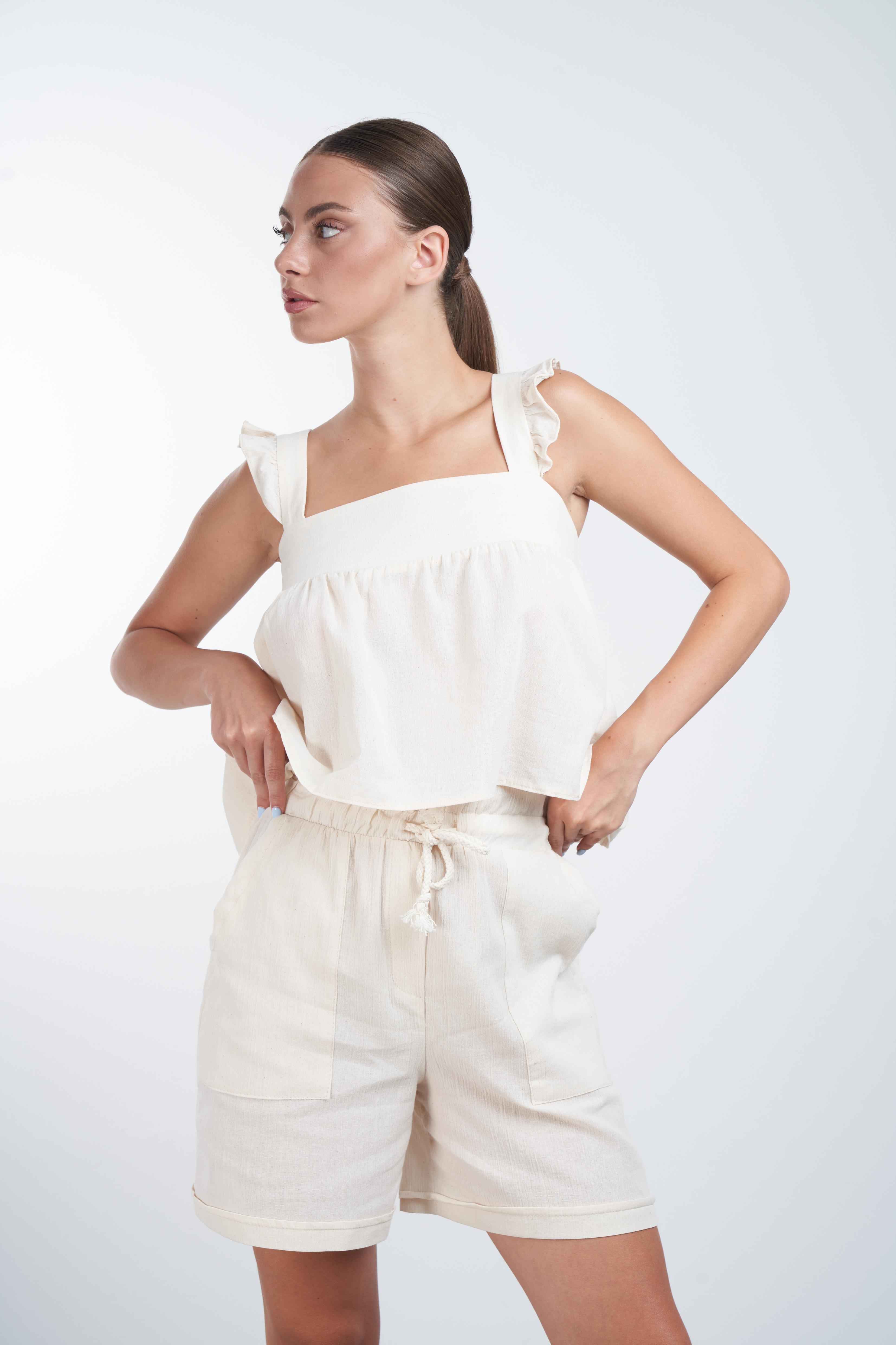 Bel Bağlama Detaylı Şort Natural