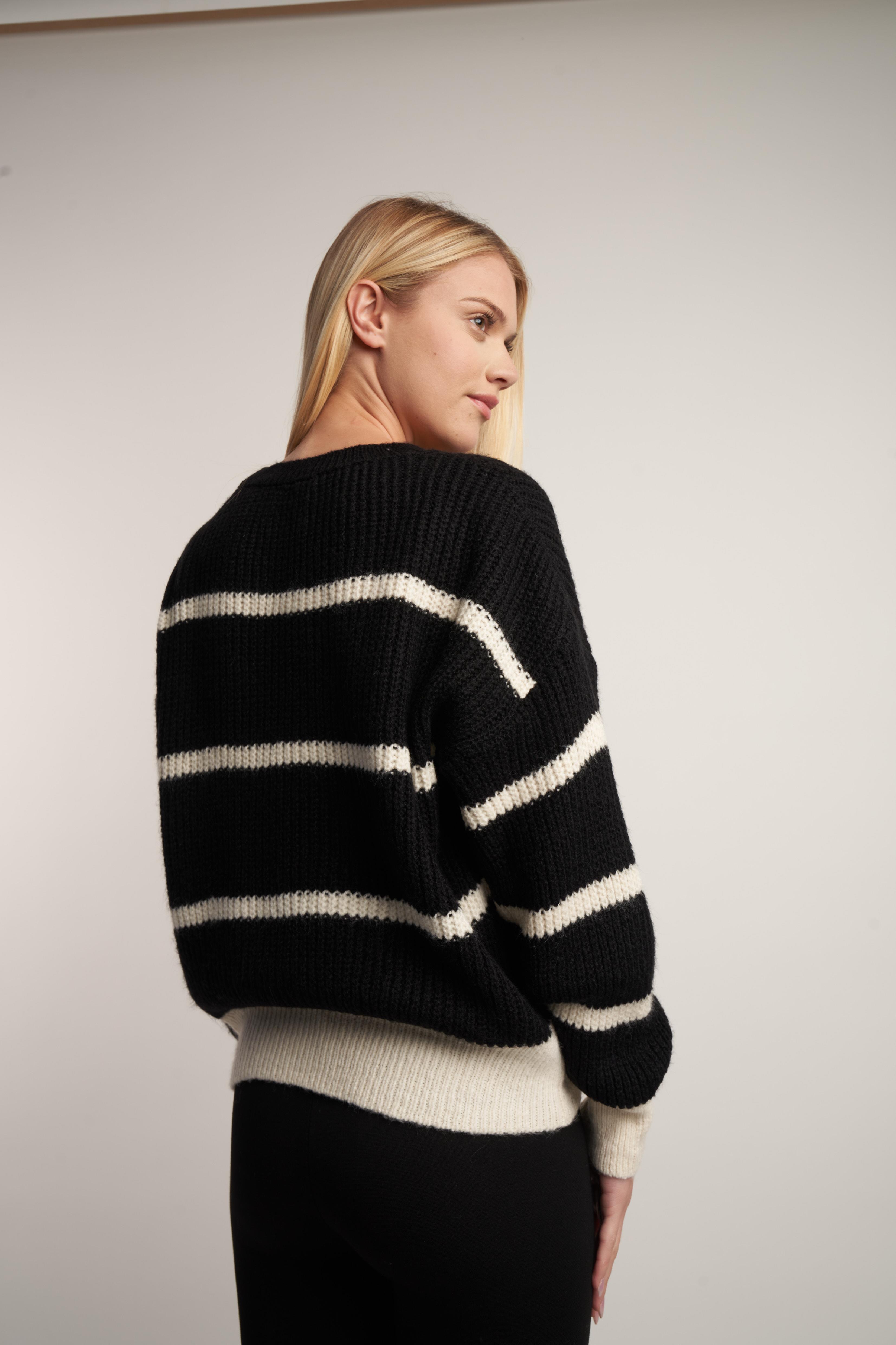 Çizgili Triko Kazak Siyah-Krem