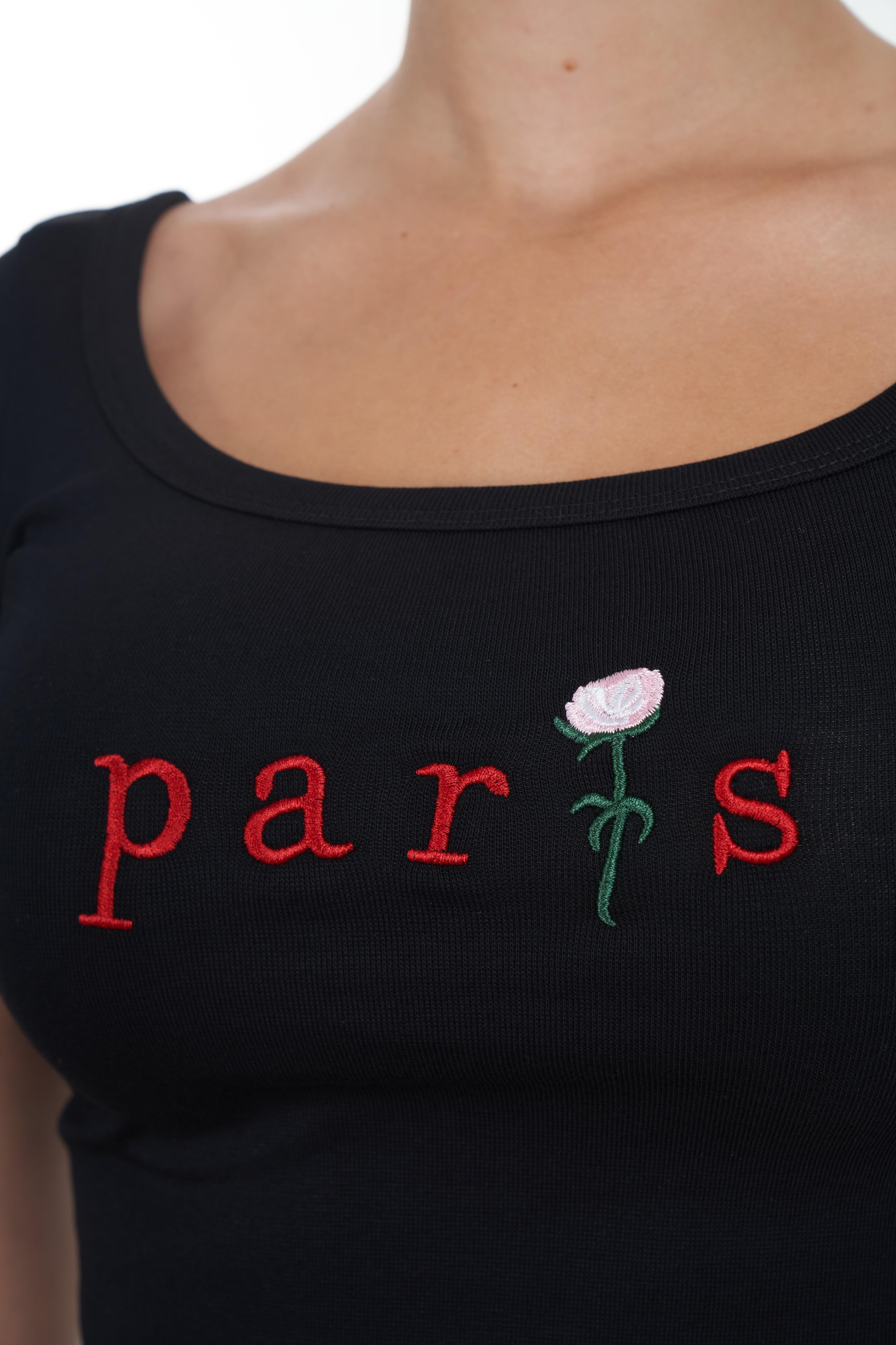Paris Nakış Baskılı Kısa T-shirt Siyah