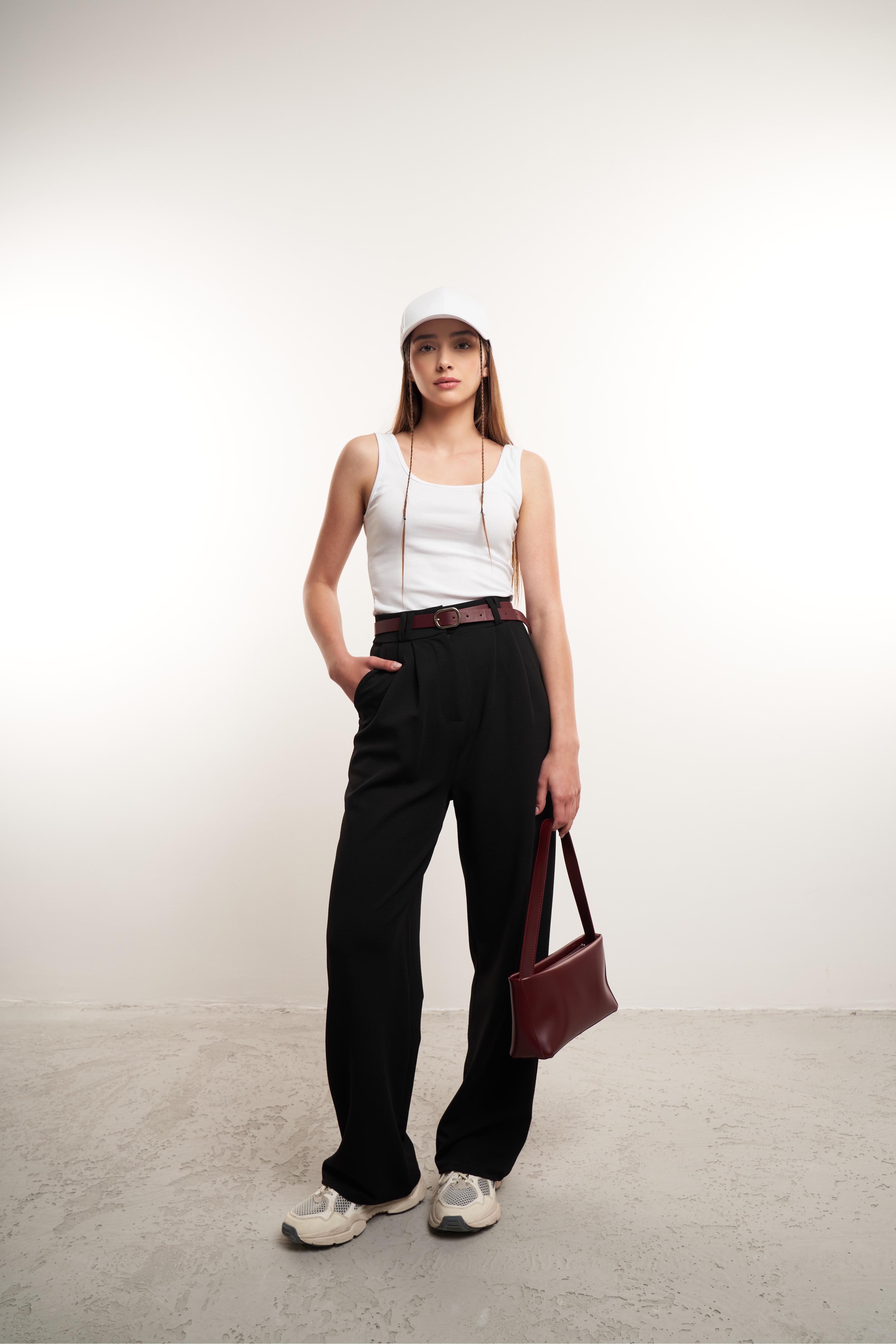 Bol Paça Krep Kumaş Pantolon Siyah