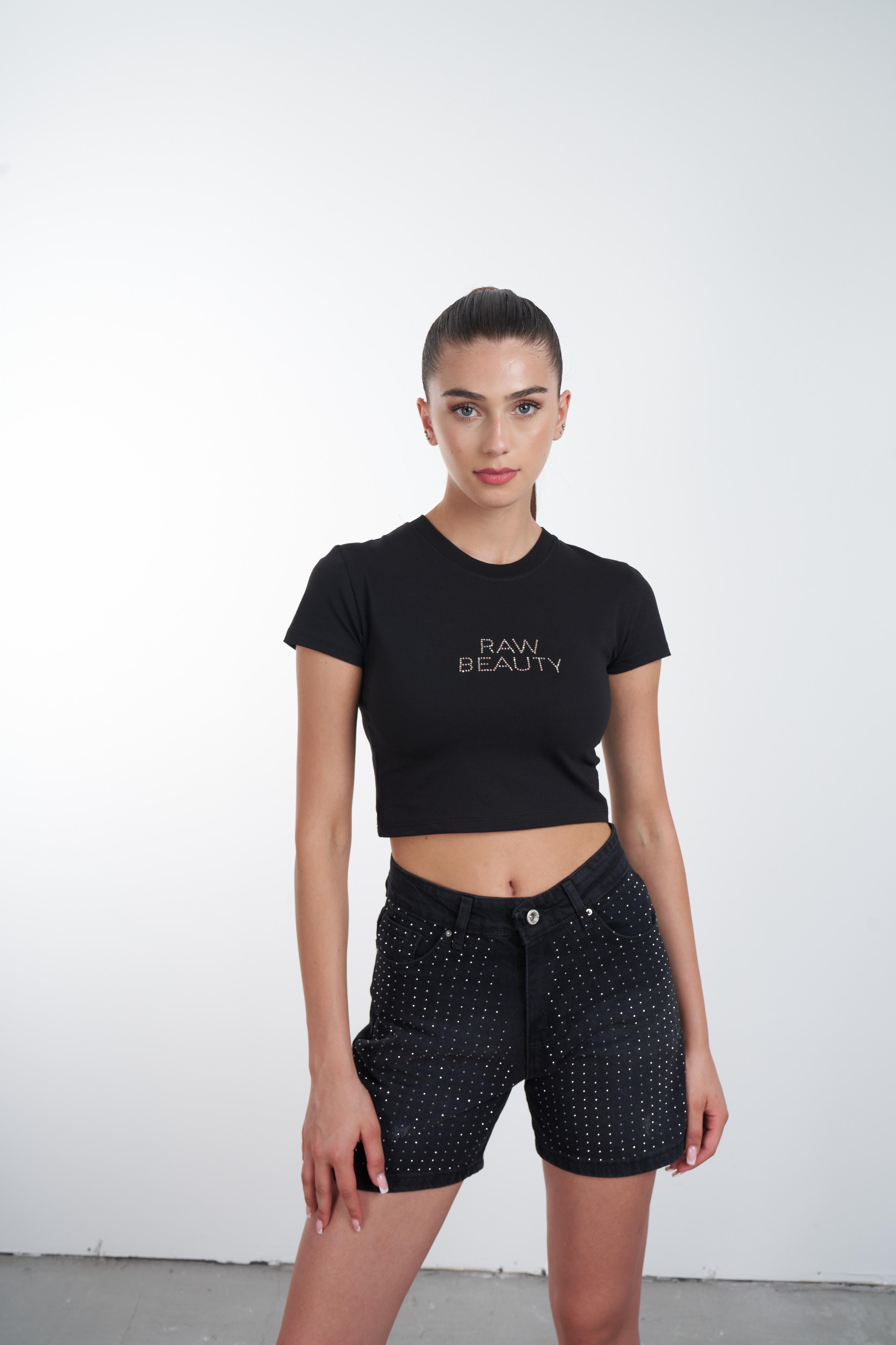 Raw Beauty Taş Baskılı Kısa T-shirt Siyah