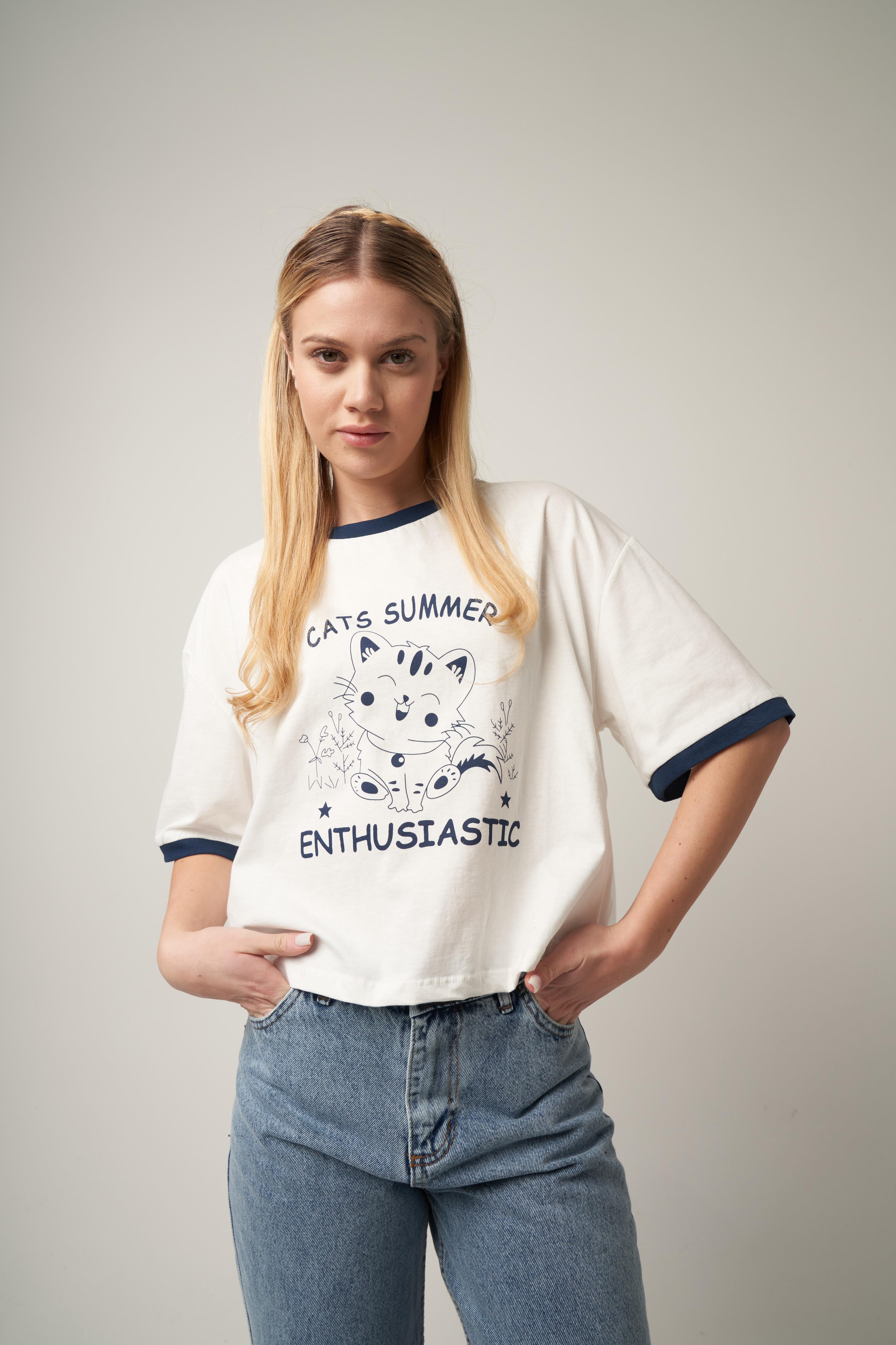 Cats Summer Baskılı T-shirt Ekru