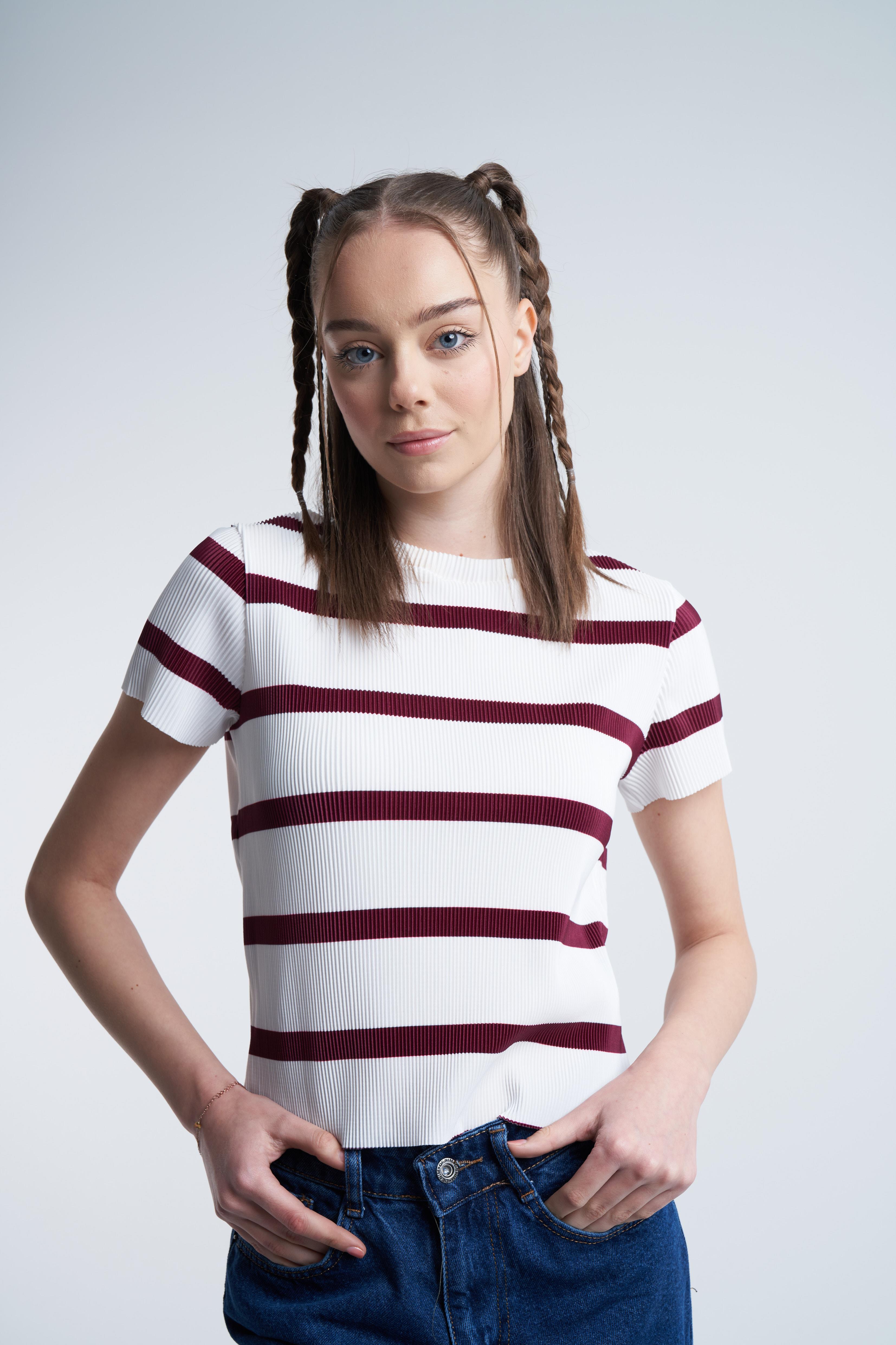Çizgili Plise Bluz Bordo-Ekru