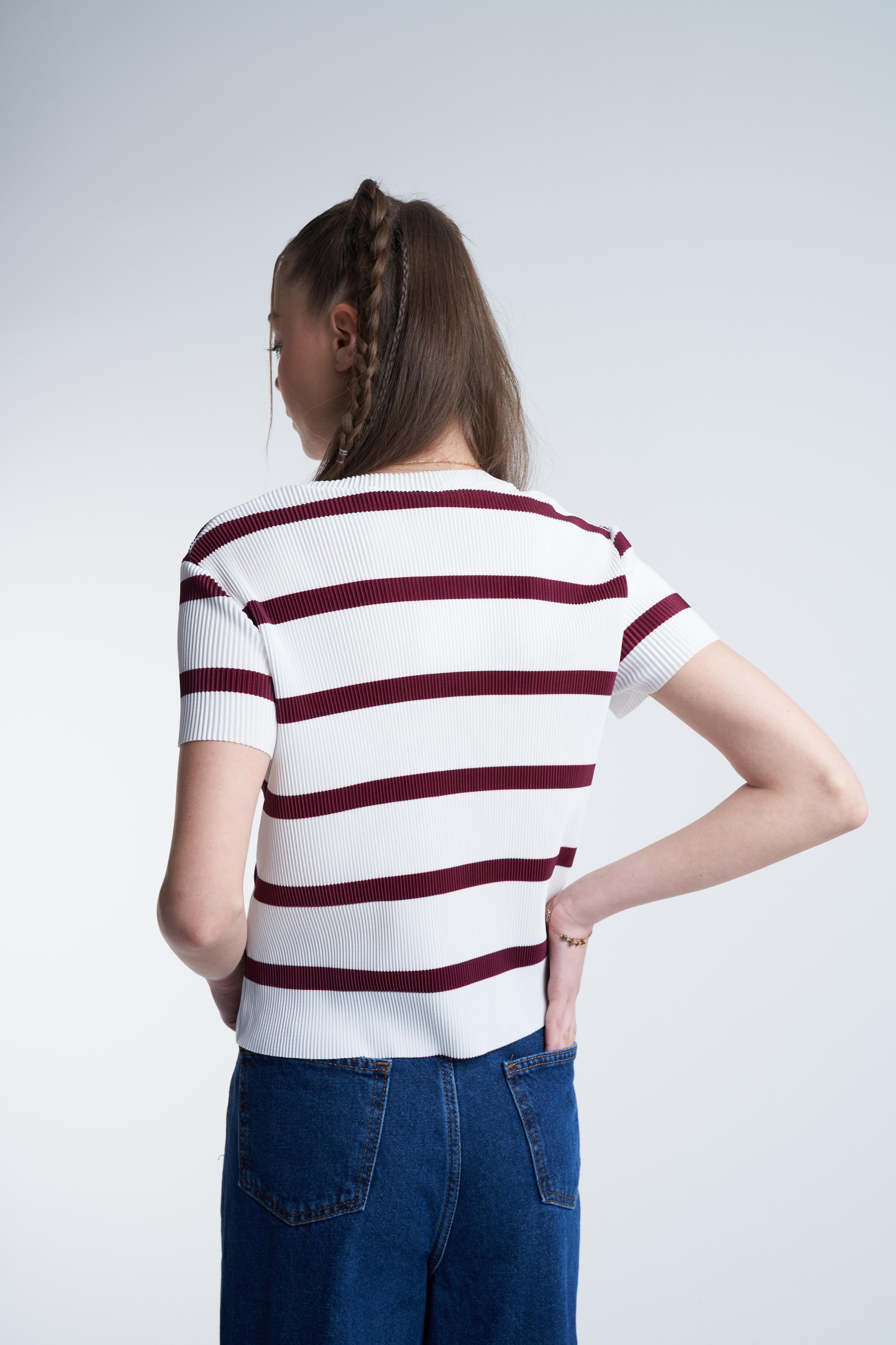 Çizgili Plise Bluz Bordo-Ekru
